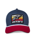 Czapka trucker Alpinestars Selica, granatowo-czerwono-biała, zakrzywiony czerwony daszek, granatowa usztywniana korona z białą siatką z tyłu, haftowana naszywka z logo Astars na przodzie i biały pleciony sznurek