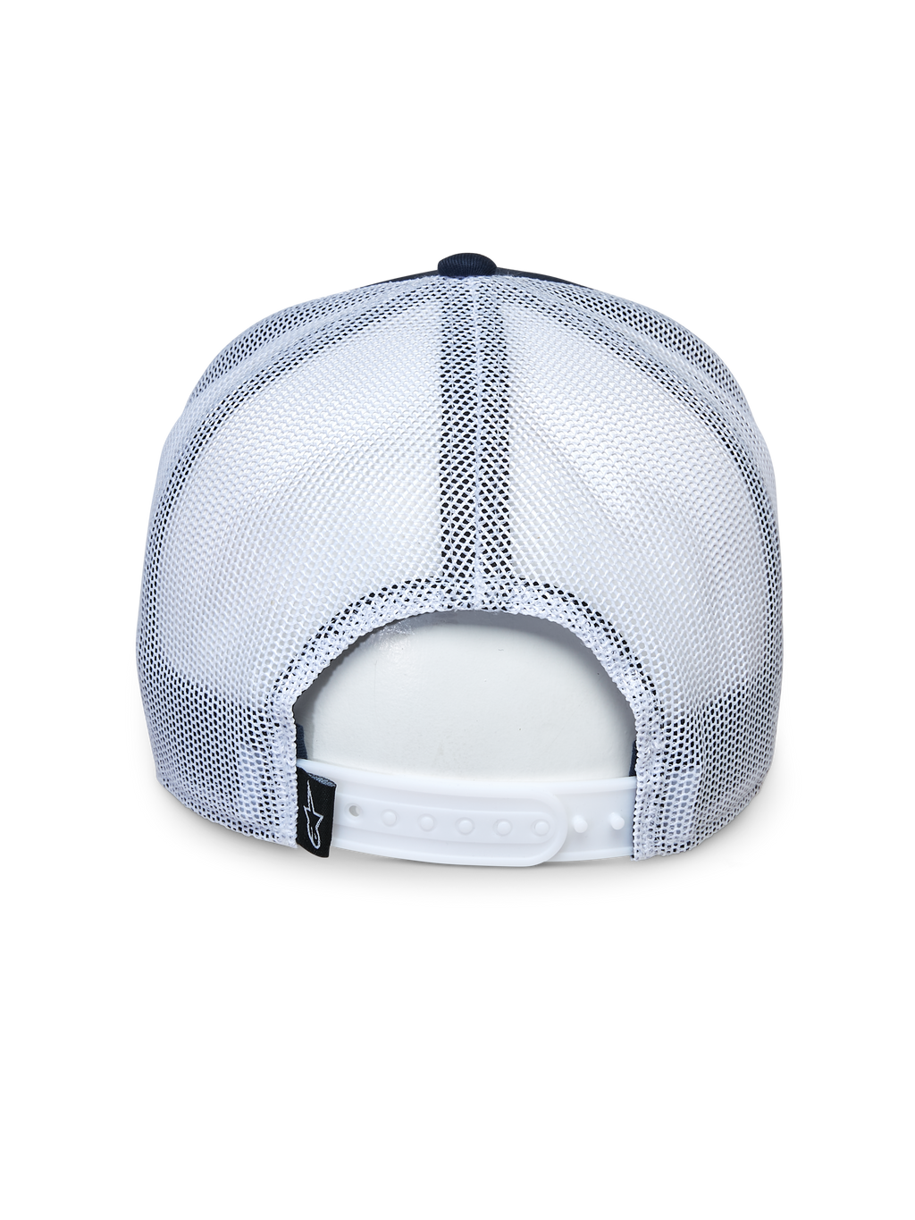 Czapka Alpinestars Selica Trucker, widok z tyłu, granatowo-biała, białe panele z siateczki i regulowane zapięcie snap-back, mała czarna metka z logo, codzienne nakrycie głowy w stylu motorsport