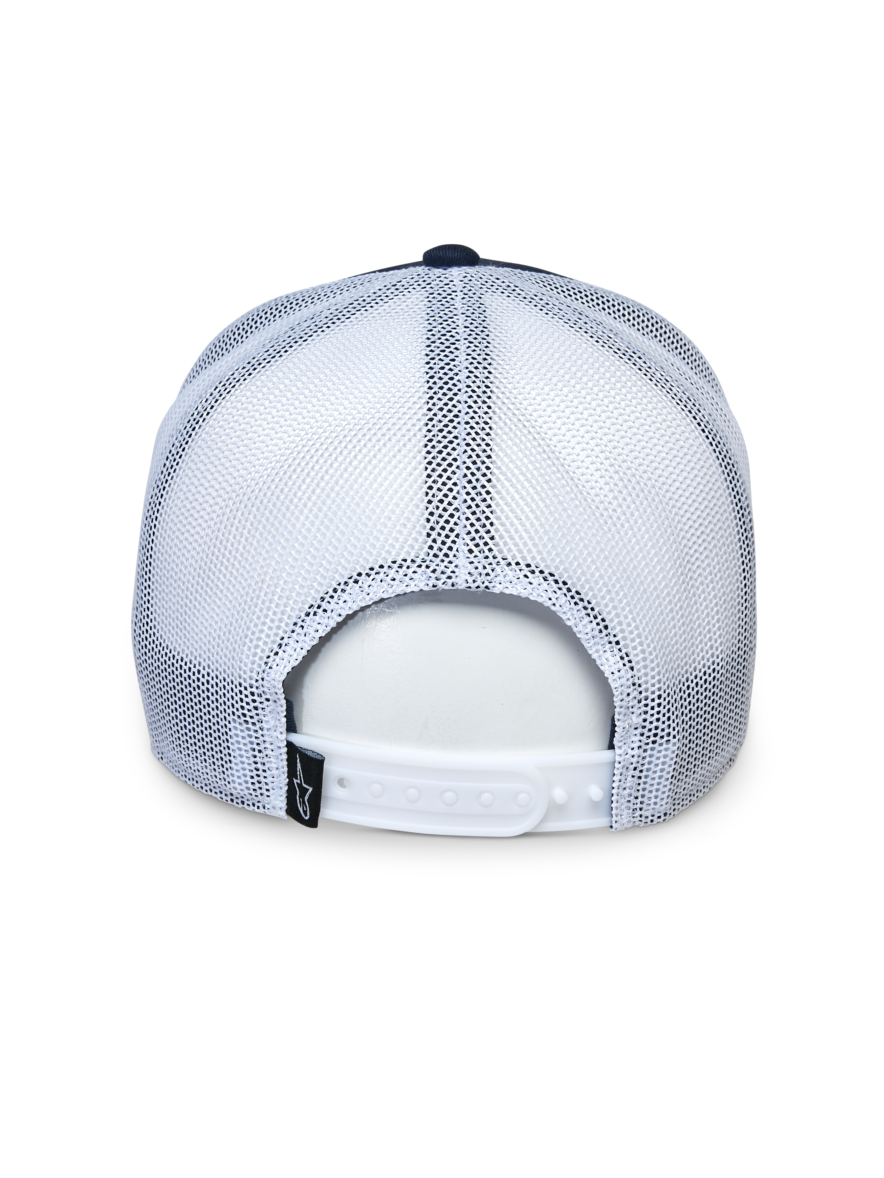 Czapka Alpinestars Selica Trucker, widok z tyłu, granatowo-biała, białe panele z siateczki i regulowane zapięcie snap-back, mała czarna metka z logo, codzienne nakrycie głowy w stylu motorsport