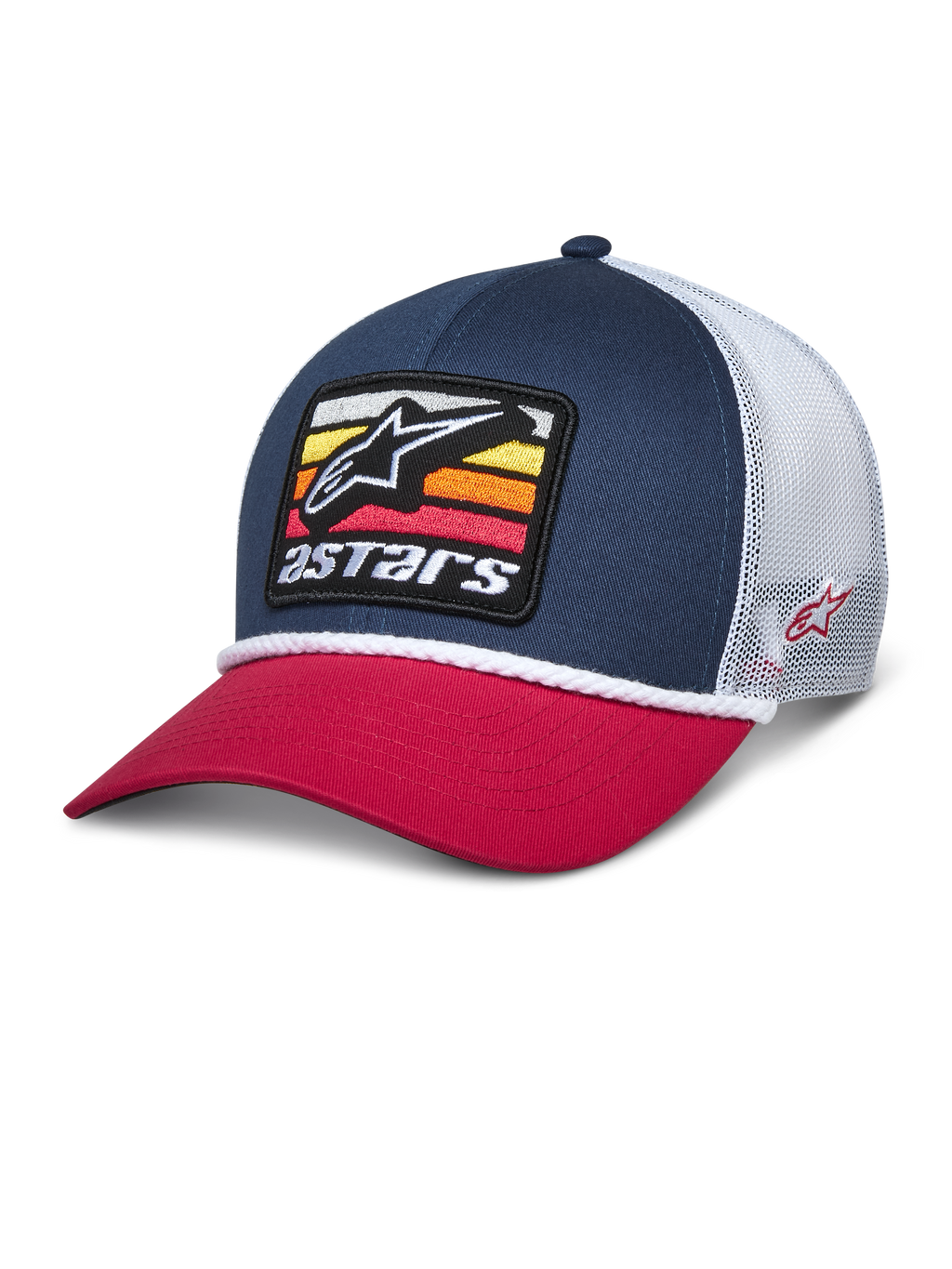 Alpinestars Selica Trucker Hat, granatowo-czerwona czapka z daszkiem typu snapback z białą siatką z tyłu, haftowana naszywka z logo gwiazdy i kolorowymi paskami, białe plecione wykończenie, codzienna odzież streetwear inspirowana sportami motorowymi