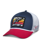 Alpinestars Selica Trucker Hat, granatowo-czerwona czapka z daszkiem typu snapback z białą siatką z tyłu, haftowana naszywka z logo gwiazdy i kolorowymi paskami, białe plecione wykończenie, codzienna odzież streetwear inspirowana sportami motorowymi