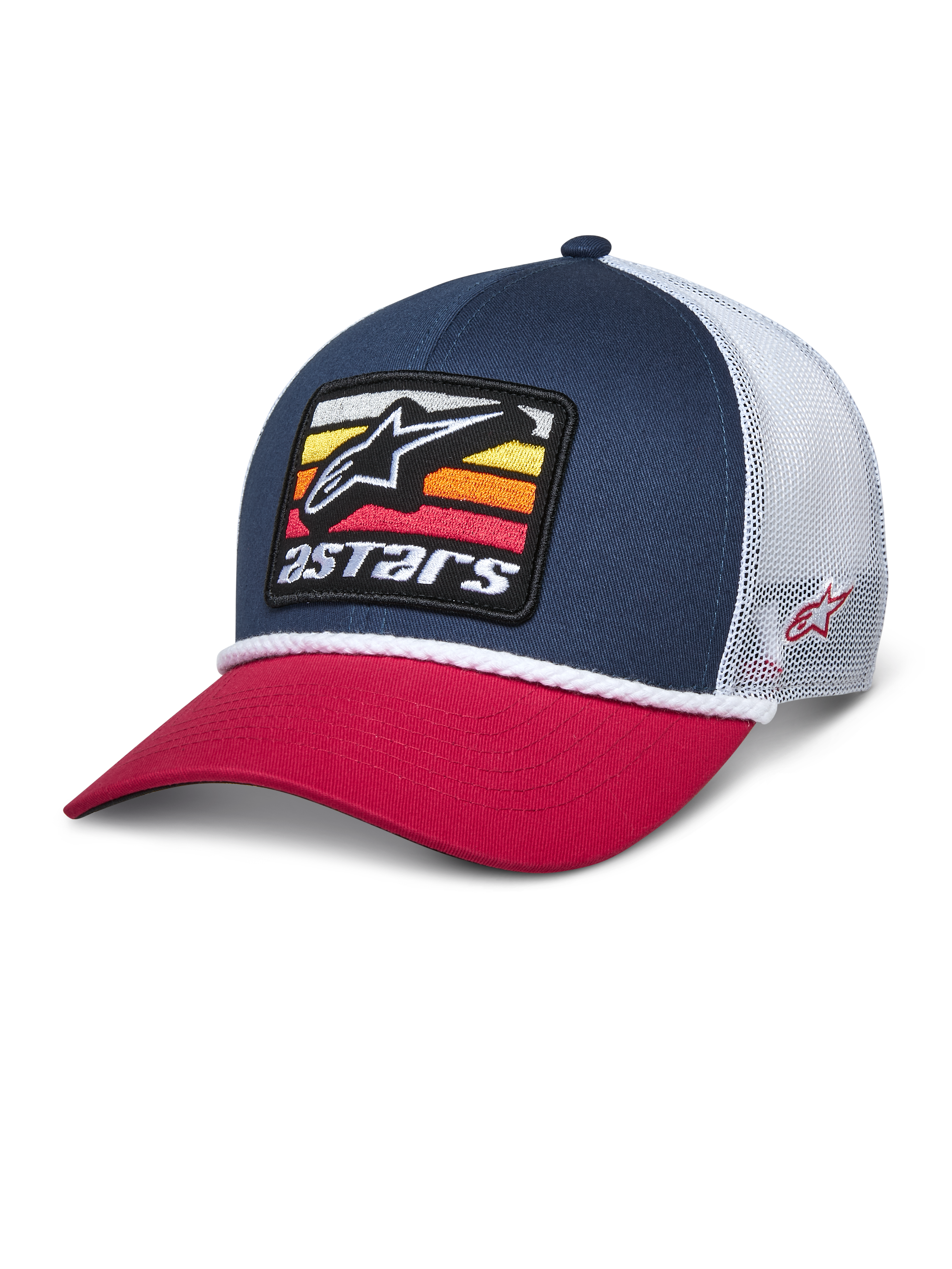 Alpinestars Selica Trucker Hat, granatowo-czerwona czapka z daszkiem typu snapback z białą siatką z tyłu, haftowana naszywka z logo gwiazdy i kolorowymi paskami, białe plecione wykończenie, codzienna odzież streetwear inspirowana sportami motorowymi