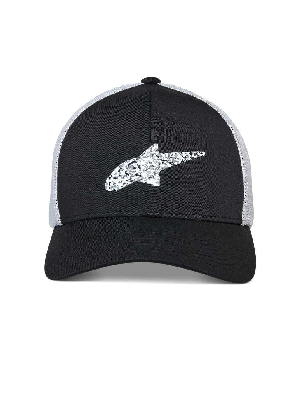 Alpinestars Terolithic Trucker Hat, czarna czapka z daszkiem typu trucker z białą siateczką z tyłu, teksturowane białe logo gwiazdy Alpinestars z przodu, zakrzywiony daszek i niska strukturalna główka