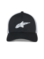 Alpinestars Terolithic Trucker Hat, czarna czapka z daszkiem typu trucker z białą siateczką z tyłu, teksturowane białe logo gwiazdy Alpinestars z przodu, zakrzywiony daszek i niska strukturalna główka