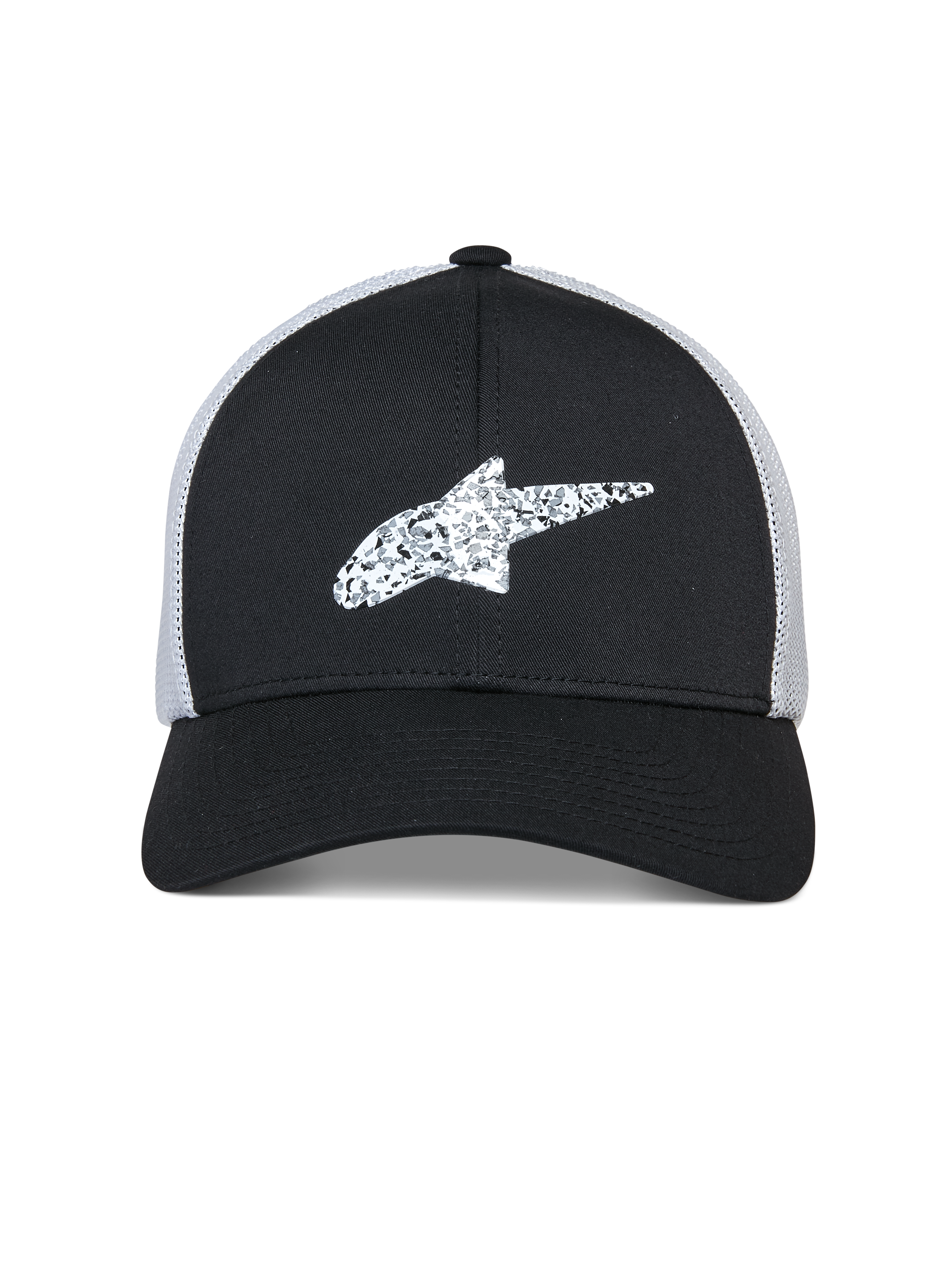 Alpinestars Terolithic Trucker Hat, czarna czapka z daszkiem typu trucker z białą siateczką z tyłu, teksturowane białe logo gwiazdy Alpinestars z przodu, zakrzywiony daszek i niska strukturalna główka