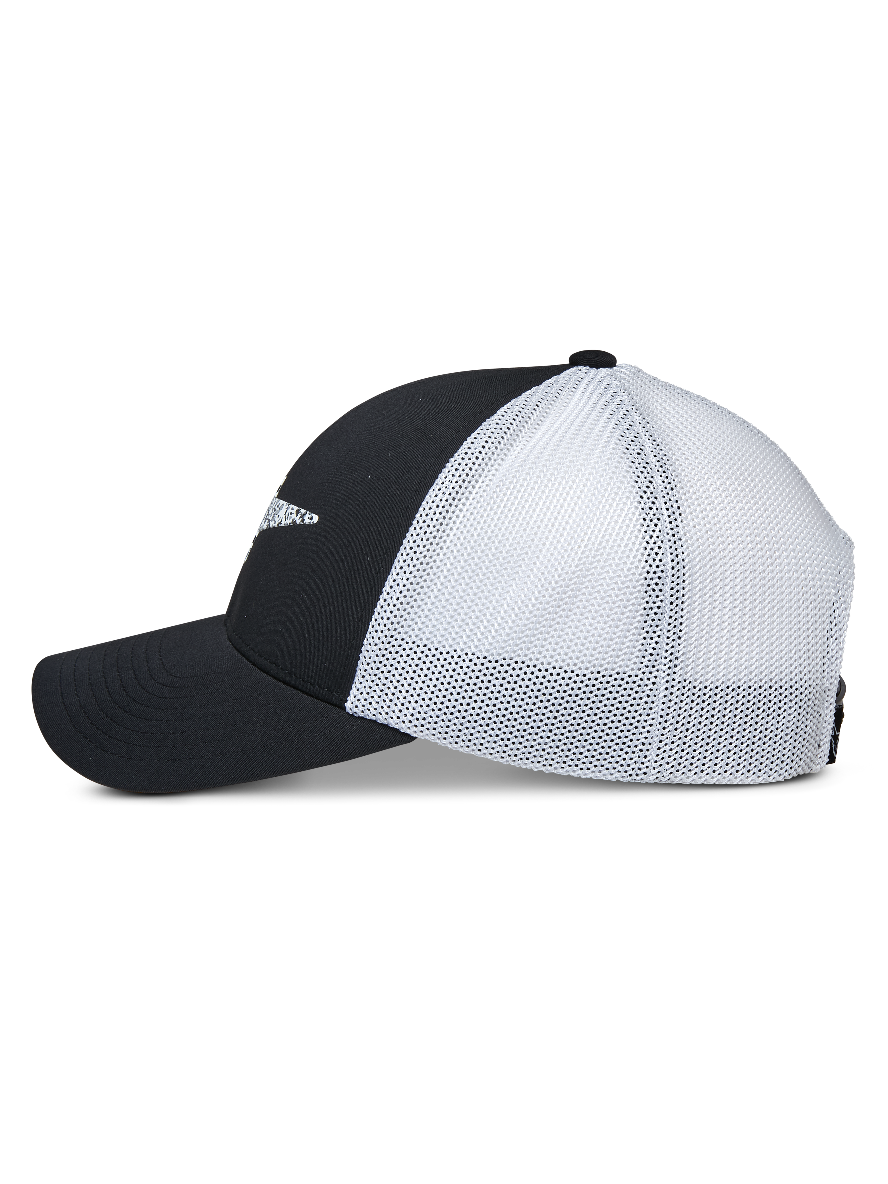 Alpinestars Terolithic Trucker Hat, widok z boku, czarne przednie panele i zakrzywiony daszek z białymi panelami z siatki z tyłu, sportowa czapka typu snapback