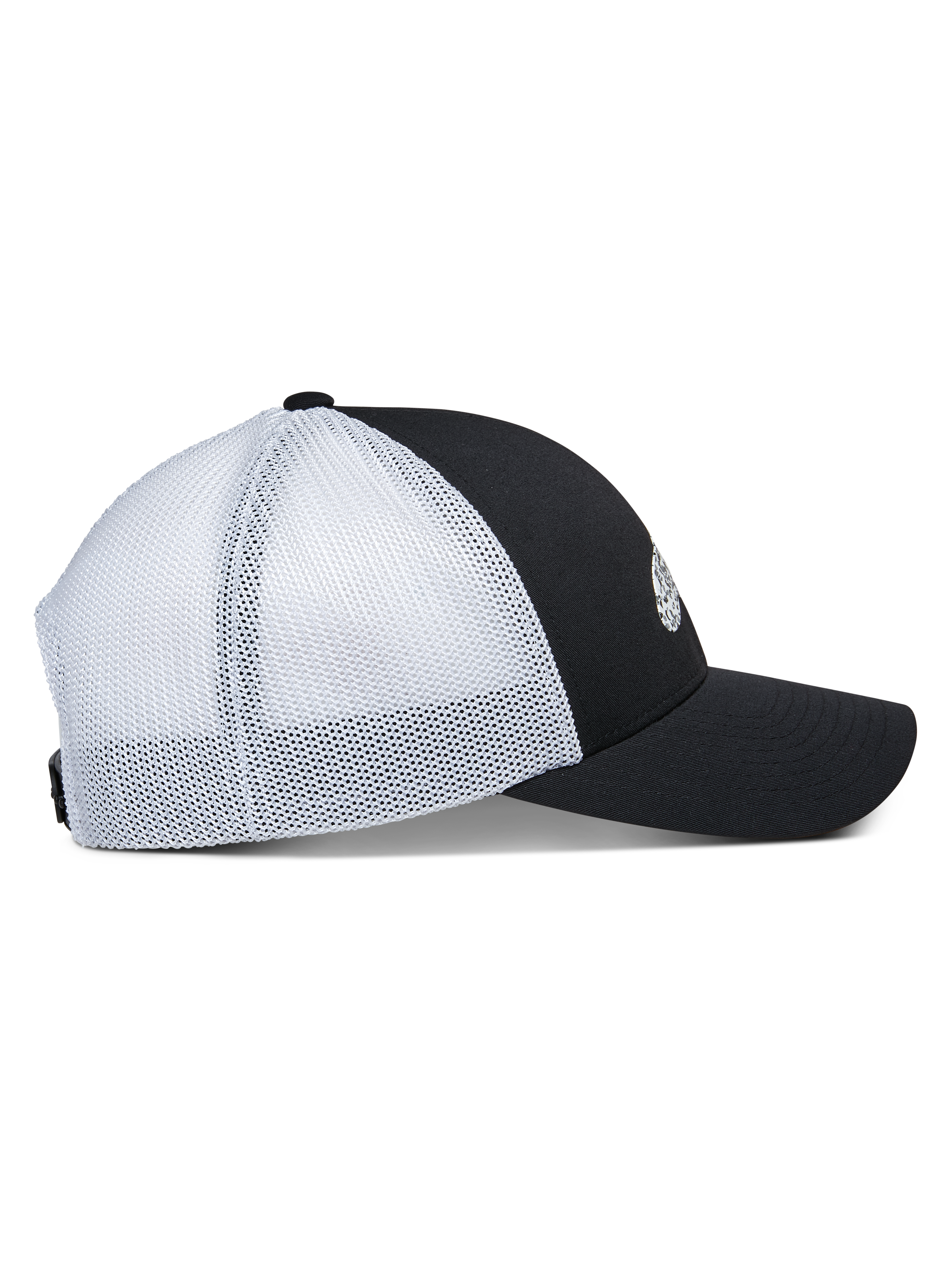 Alpinestars Terolithic Trucker Hat, widok z boku, czarny przedni panel z zakrzywionym daszkiem, białe panele z siatki z tyłu, niska strukturalna główka, klasyczna czapka typu trucker