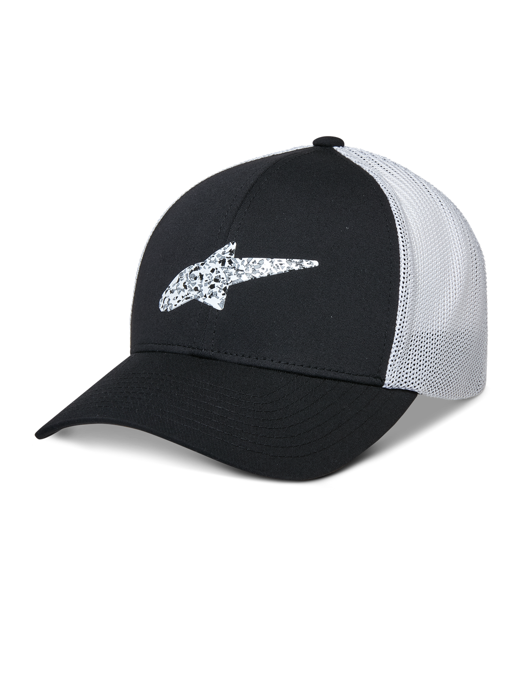 Alpinestars Terolithic Trucker Hat, czarno-biała, czapka z zakrzywionym daszkiem i wzorzystym logo gwiazdy z TPU, biały oddychający panel tylny z siatki, usztywniona konstrukcja o niskim profilu