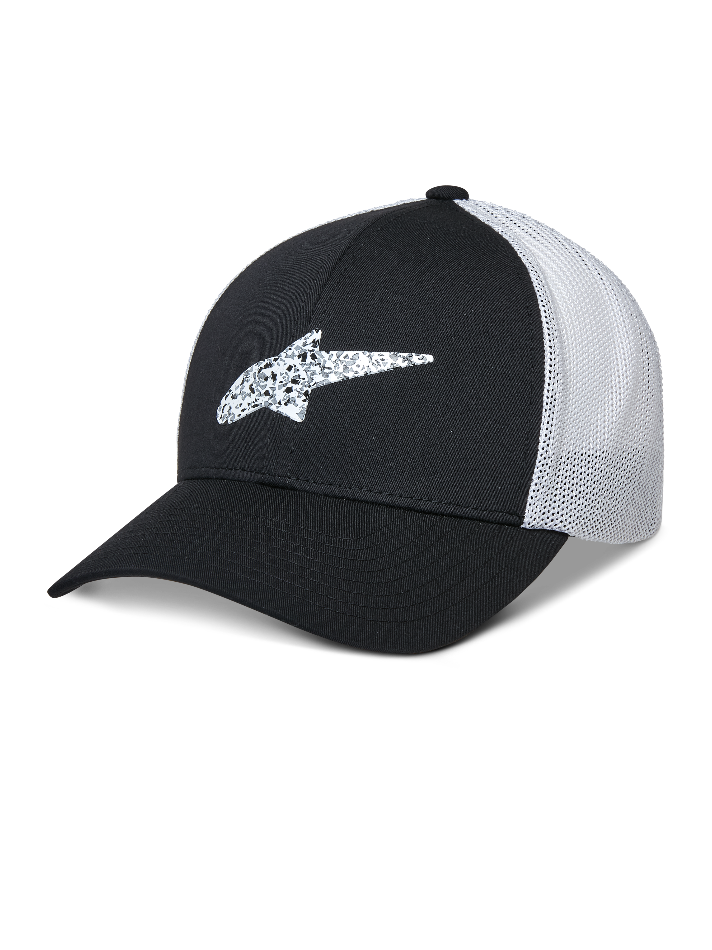 Alpinestars Terolithic Trucker Hat, czarno-biała, czapka z zakrzywionym daszkiem i wzorzystym logo gwiazdy z TPU, biały oddychający panel tylny z siatki, usztywniona konstrukcja o niskim profilu