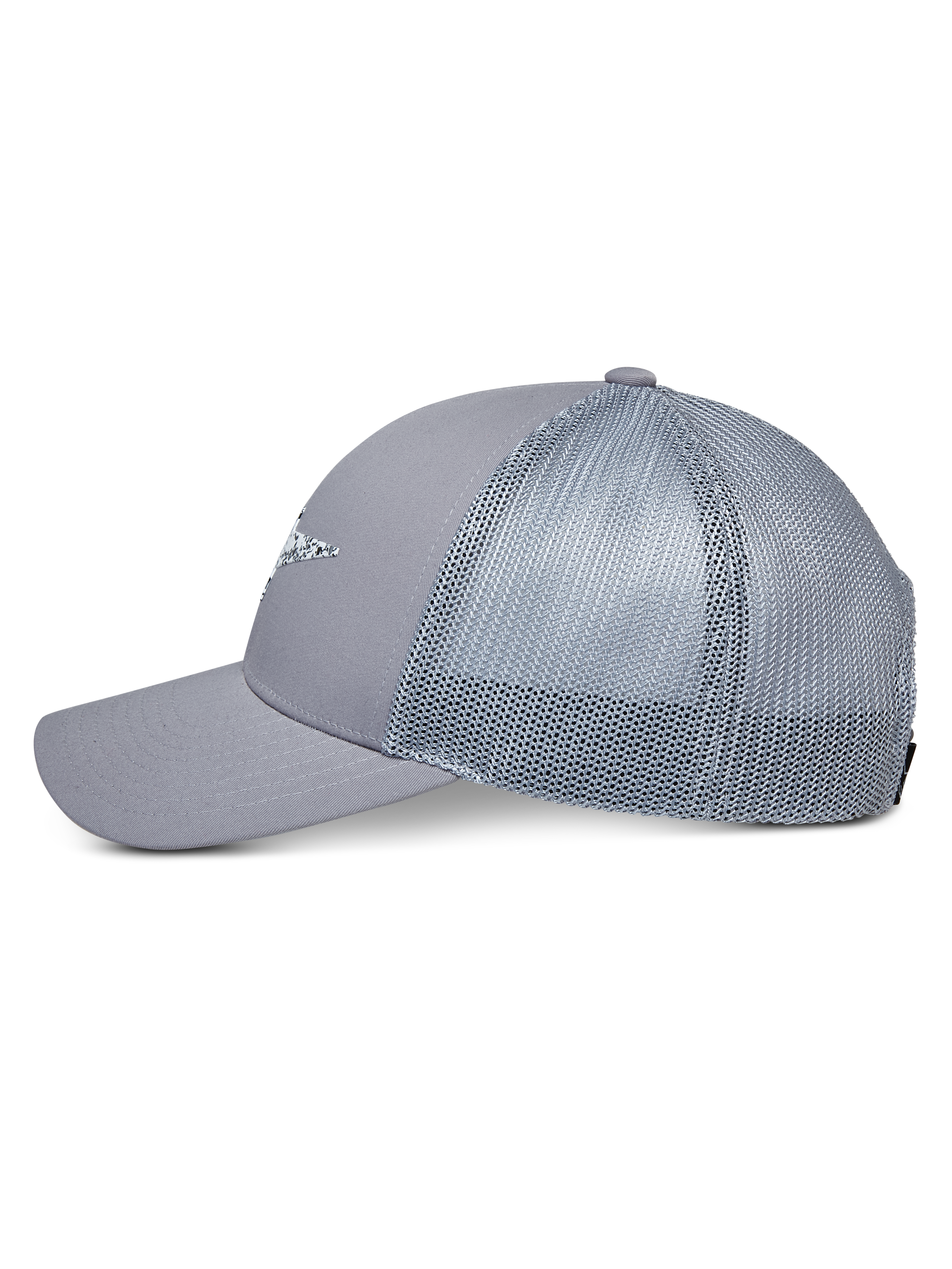 Alpinestars Terolithic Trucker Hat, Gray, Trucker Hat with mesh back and curved bill, side profile view, structured low crown with front logo detail, casual motorsport-inspired headwear
