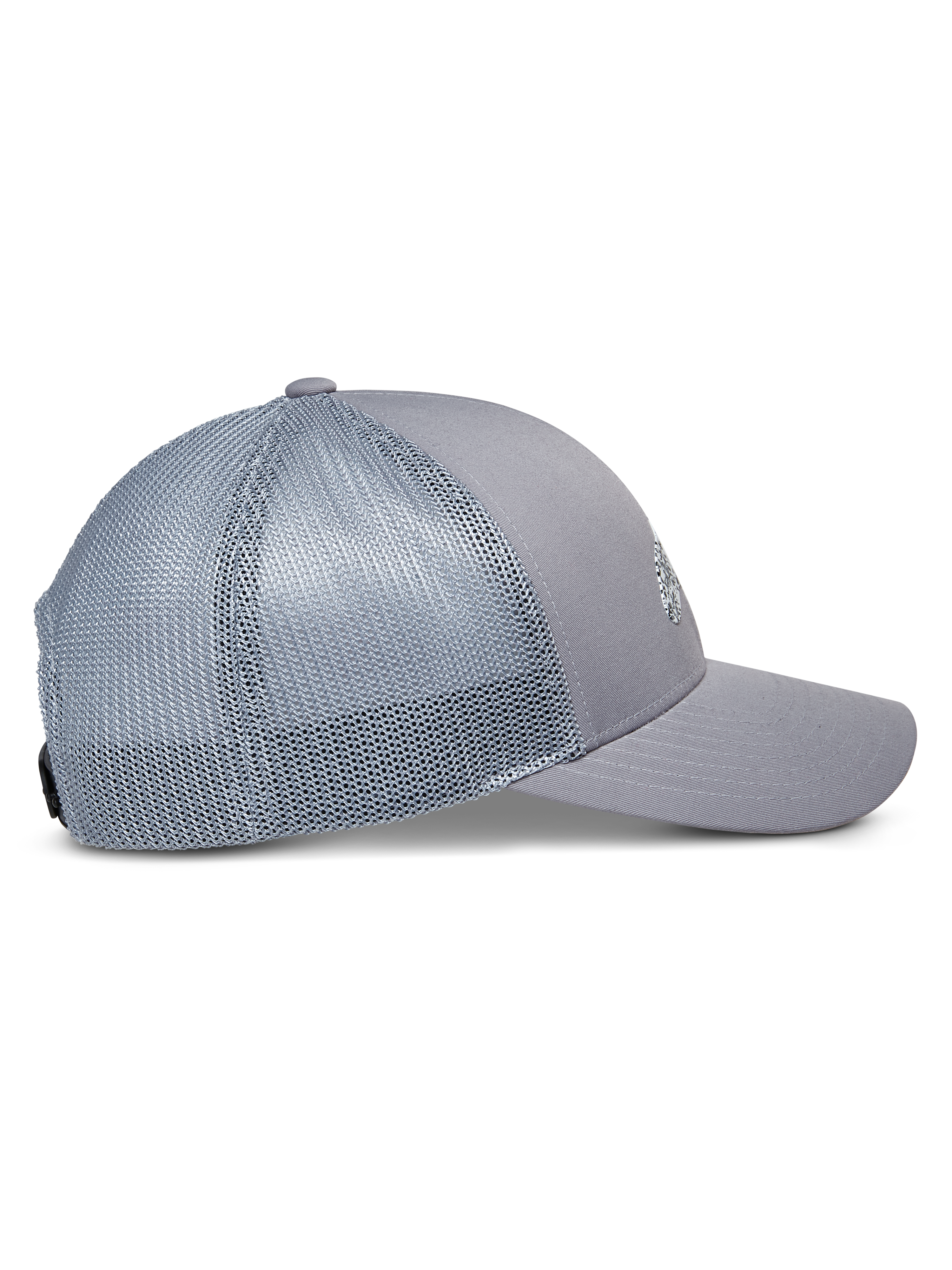 Alpinestars Terolithic Trucker Hat, Grey, side profile view featuring curved bill and mesh back panels, structured low crown, casual sportswear