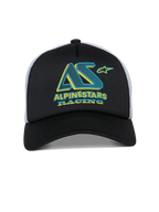 Alpinestars Ayess Trucker Hat, czapka z daszkiem typu snapback, czarno-biała, turkusowo-żółta grafika Alpinestars Racing na piankowym przodzie, zakrzywiony daszek i biała siateczka z tyłu, codzienny design inspirowany sportami motorowymi