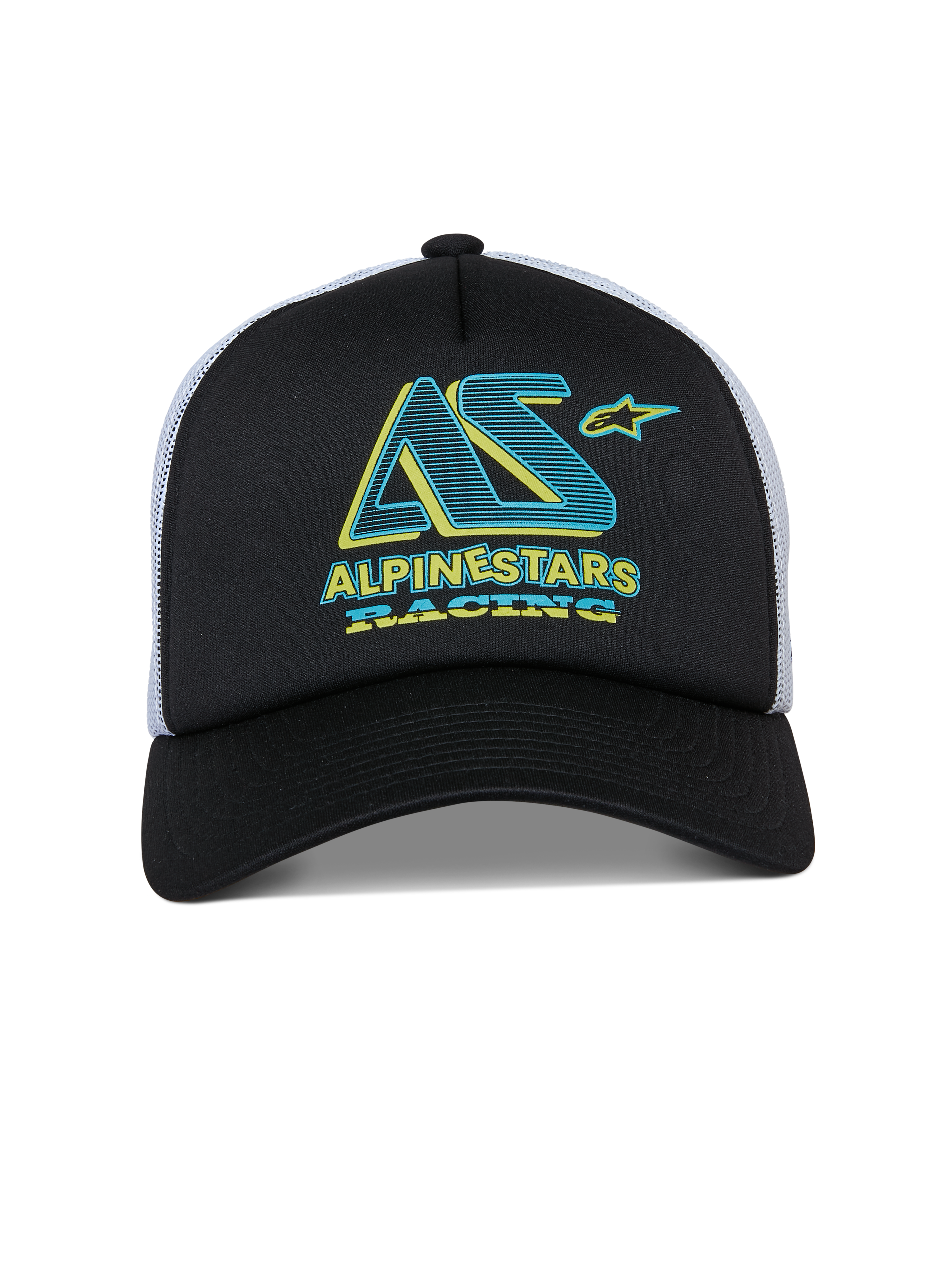 Alpinestars Ayess Trucker Hat, czapka z daszkiem typu snapback, czarno-biała, turkusowo-żółta grafika Alpinestars Racing na piankowym przodzie, zakrzywiony daszek i biała siateczka z tyłu, codzienny design inspirowany sportami motorowymi