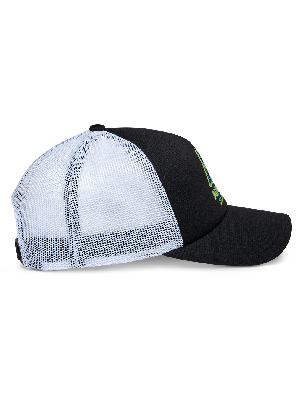 Alpinestars Ayess Trucker Hat, widok z boku, czarny piankowy przód i zakrzywiony daszek z białymi panelami z siatki z tyłu, nadruk z logo z przodu, codzienna czapka typu snapback inspirowana sportami motorowymi