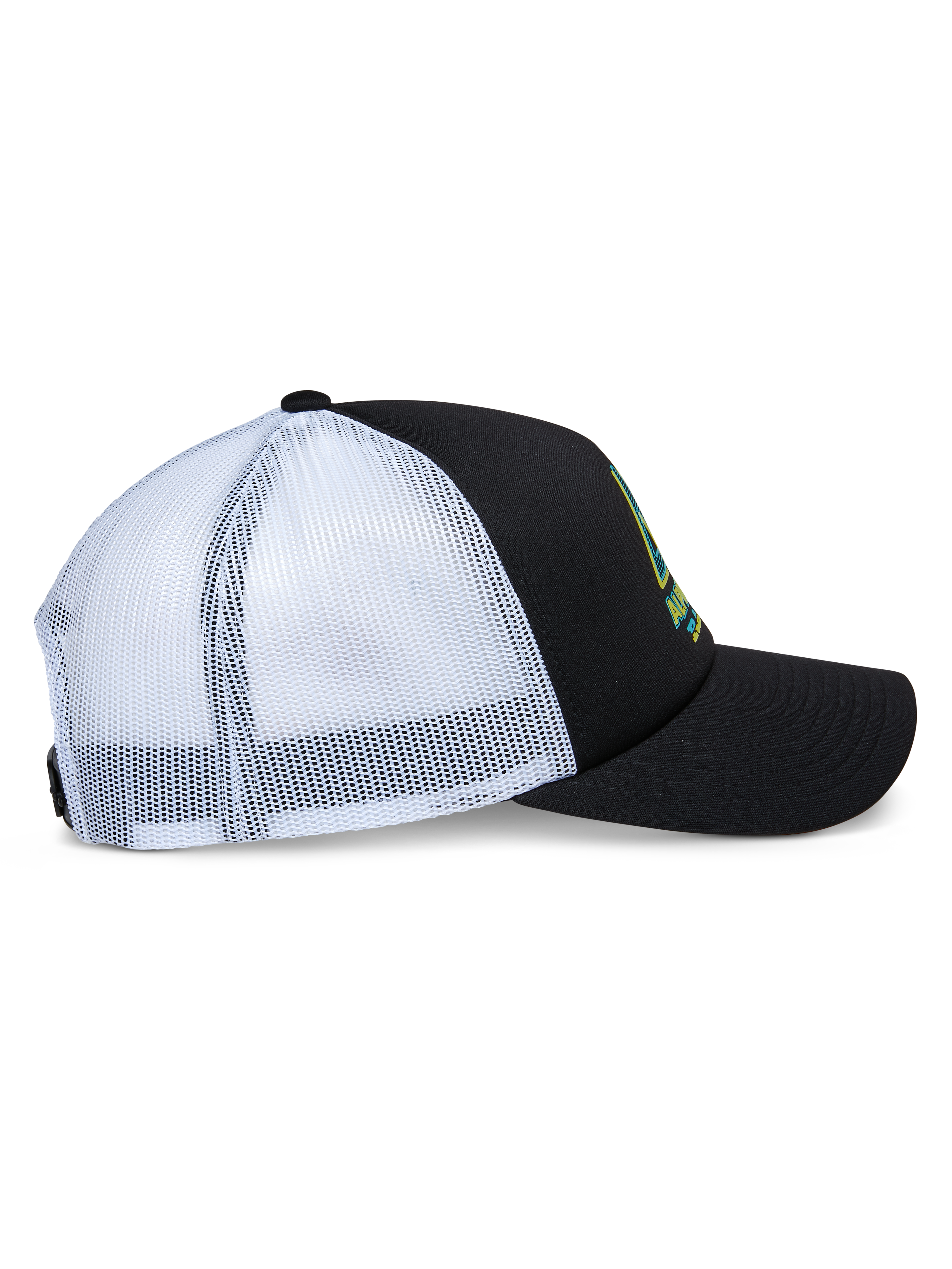 Alpinestars Ayess Trucker Hat, widok z boku, czarny piankowy przód i zakrzywiony daszek z białymi panelami z siatki z tyłu, nadruk z logo z przodu, codzienna czapka typu snapback inspirowana sportami motorowymi