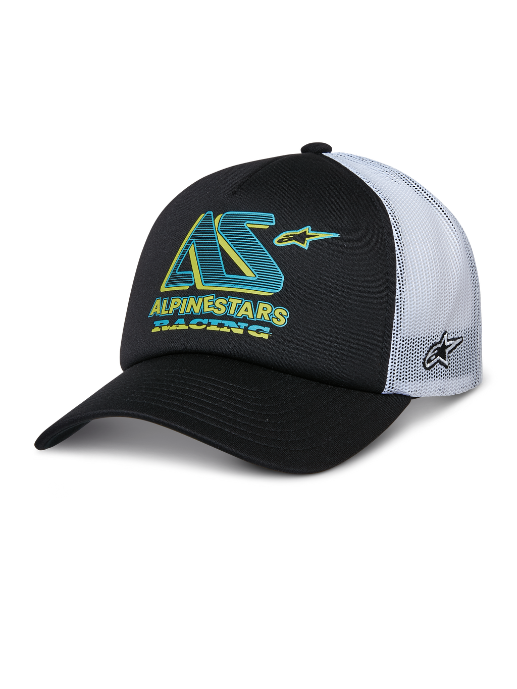 Alpinestars Ayess Trucker Hat, czarno-biała czapka z daszkiem typu trucker, zakrzywiony daszek, białe siateczkowe panele z tyłu, morskie i żółte logo AS z napisem „Alpinestars Racing”, logo gwiazdy z boku na siateczce, codzienna odzież sportowa motorsport