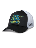 Alpinestars Ayess Trucker Hat, czarno-biała czapka z daszkiem typu trucker, zakrzywiony daszek, białe siateczkowe panele z tyłu, morskie i żółte logo AS z napisem „Alpinestars Racing”, logo gwiazdy z boku na siateczce, codzienna odzież sportowa motorsport