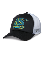 Alpinestars Ayess Trucker Hat, czarno-biała czapka z daszkiem typu trucker, zakrzywiony daszek, białe siateczkowe panele z tyłu, morskie i żółte logo AS z napisem „Alpinestars Racing”, logo gwiazdy z boku na siateczce, codzienna odzież sportowa motorsport