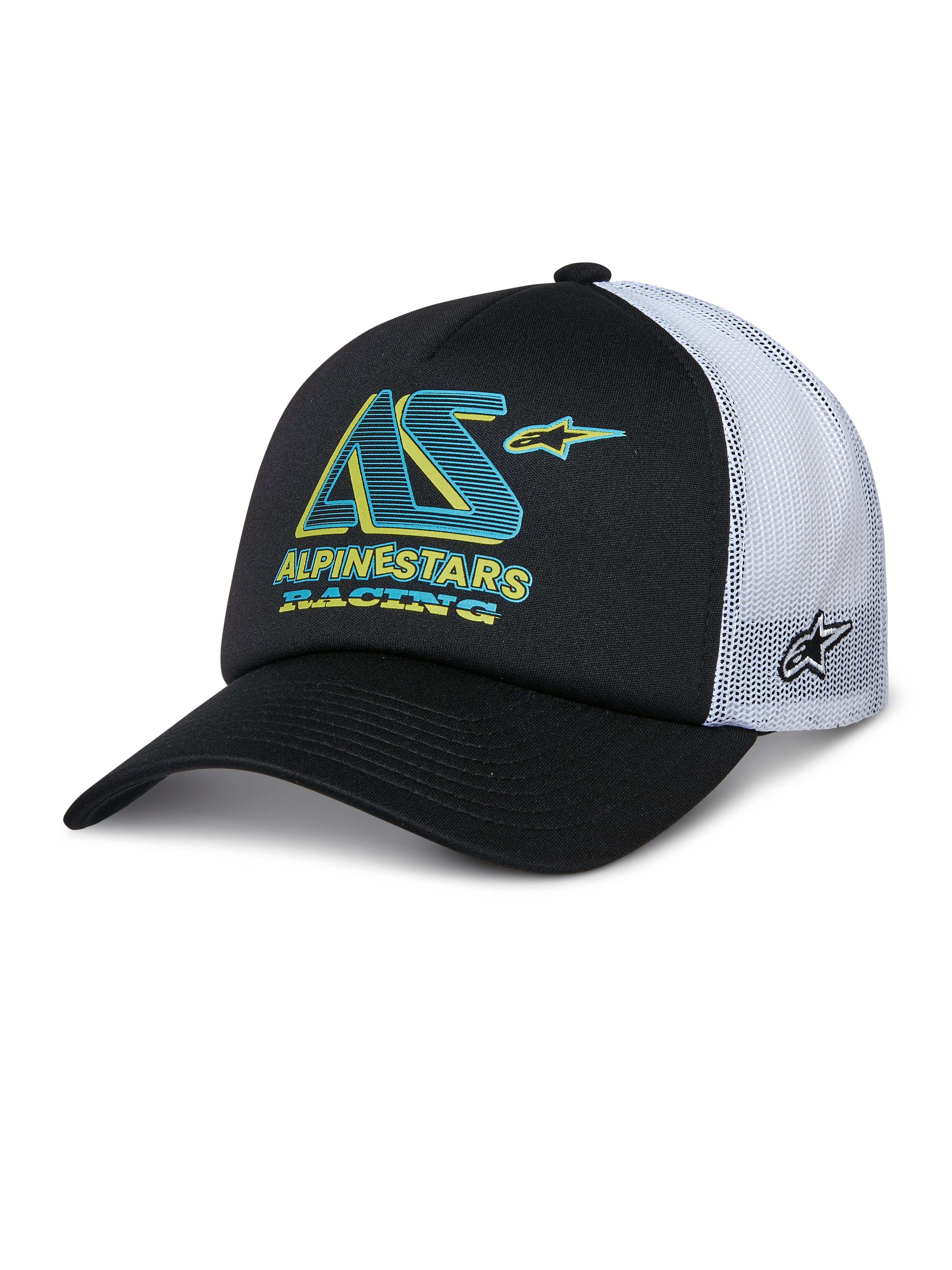 Alpinestars Ayess Trucker Hat, czarno-biała czapka z daszkiem typu trucker, zakrzywiony daszek, białe siateczkowe panele z tyłu, morskie i żółte logo AS z napisem „Alpinestars Racing”, logo gwiazdy z boku na siateczce, codzienna odzież sportowa motorsport