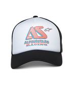 Alpinestars Ayess Trucker Hat, biało-czarna czapka typu trucker, biały przedni panel z pianki z czarnym zakrzywionym daszkiem i siateczkowym tyłem, stylizowane logo AS i Alpinestars Racing w kolorze czerwonym i niebieskim, codzienna odzież uliczna inspirowana motorsportem