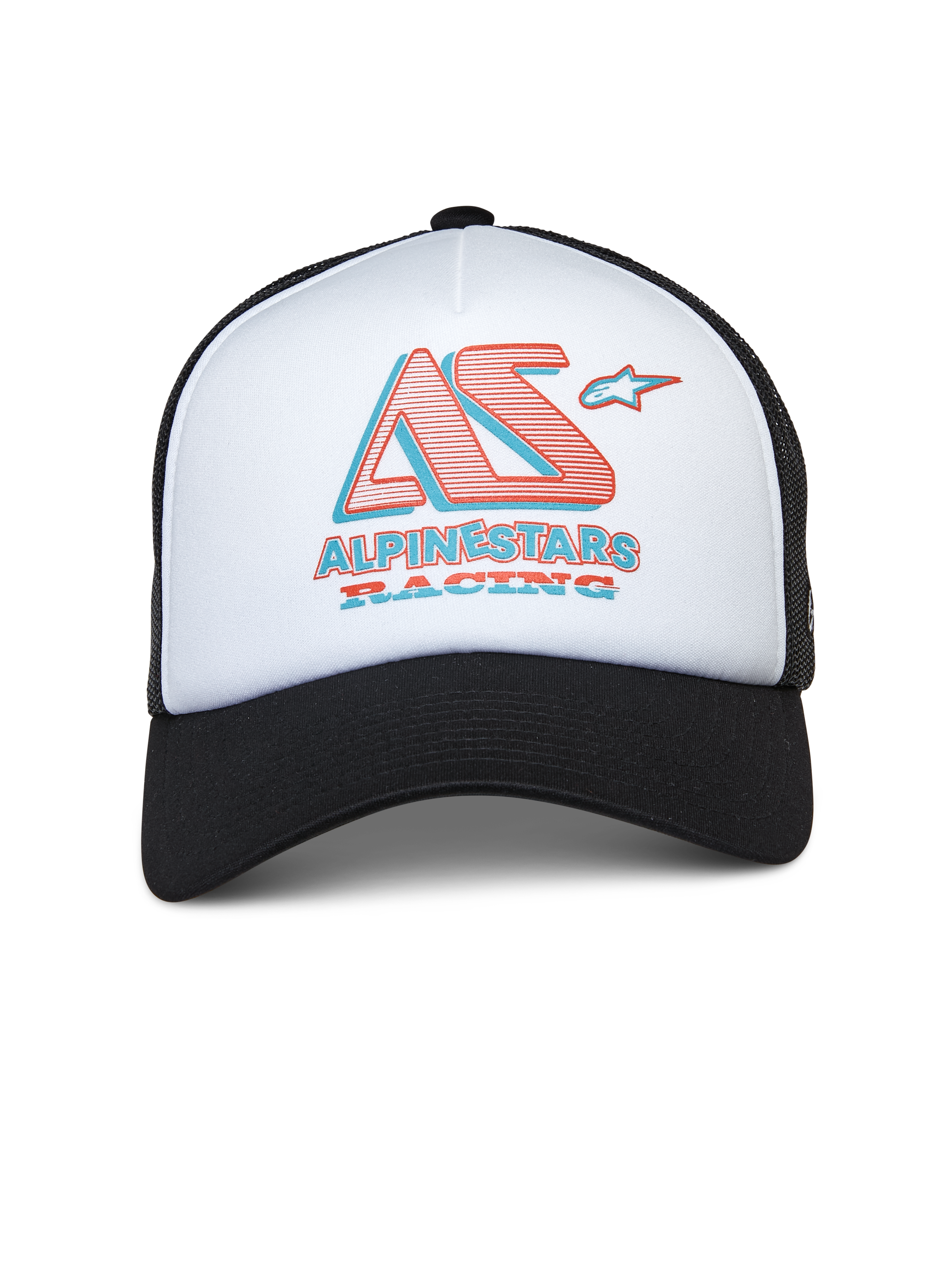 Alpinestars Ayess Trucker Hat, biało-czarna czapka typu trucker, biały przedni panel z pianki z czarnym zakrzywionym daszkiem i siateczkowym tyłem, stylizowane logo AS i Alpinestars Racing w kolorze czerwonym i niebieskim, codzienna odzież uliczna inspirowana motorsportem