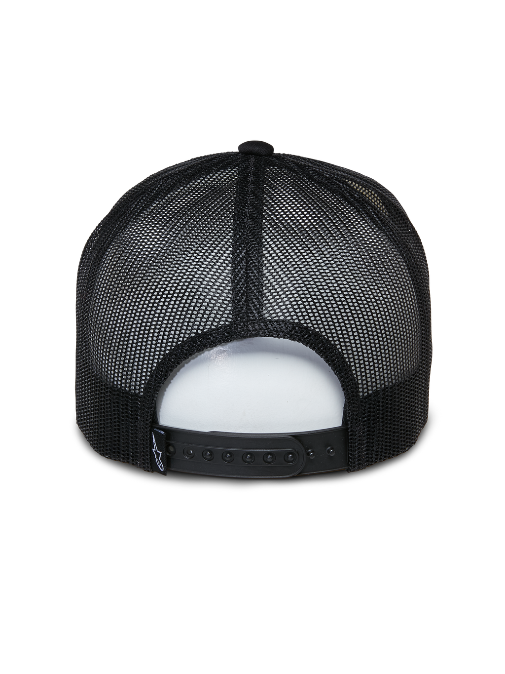 Alpinestars Ayess Trucker Hat, codzienna czapka sportowa, biało-czarna, widok z tyłu z czarnymi panelami z oddychającej siateczki i regulowanym zapięciem snapback, klasyczny fason trucker z piankową koroną