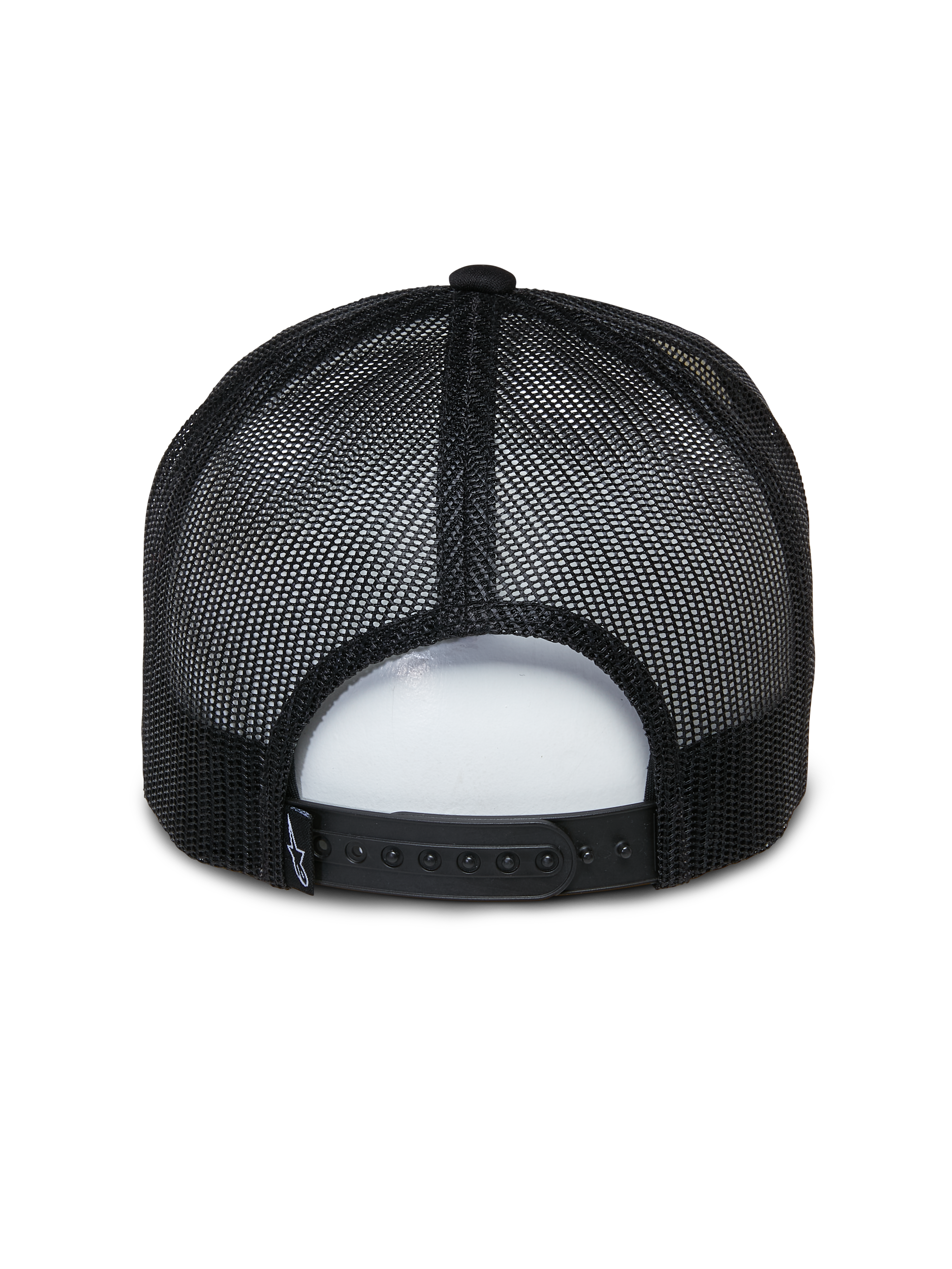 Alpinestars Ayess Trucker Hat, codzienna czapka sportowa, biało-czarna, widok z tyłu z czarnymi panelami z oddychającej siateczki i regulowanym zapięciem snapback, klasyczny fason trucker z piankową koroną
