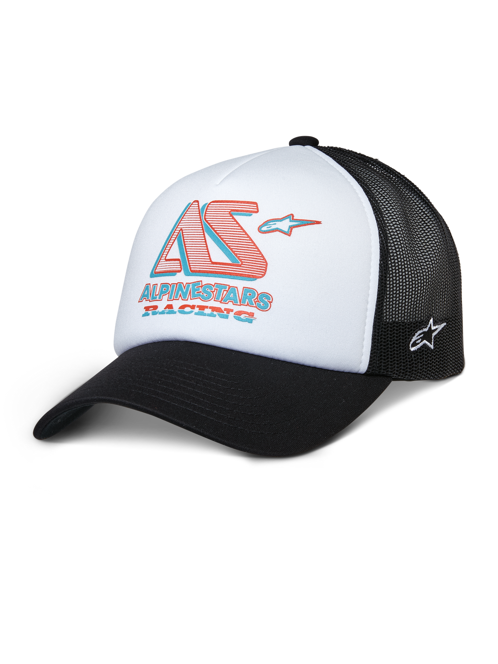 Alpinestars Ayess Trucker Hat, biało-czarna czapka z daszkiem typu trucker z czerwonym i niebieskim logo AS Racing, zakrzywiony daszek, sportowe nakrycie głowy