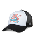 Alpinestars Ayess Trucker Hat, biało-czarna czapka z daszkiem typu trucker z czerwonym i niebieskim logo AS Racing, zakrzywiony daszek, sportowe nakrycie głowy