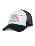 Alpinestars Ayess Trucker Hat, biało-czarna czapka z daszkiem typu trucker z czerwonym i niebieskim logo AS Racing, zakrzywiony daszek, sportowe nakrycie głowy
