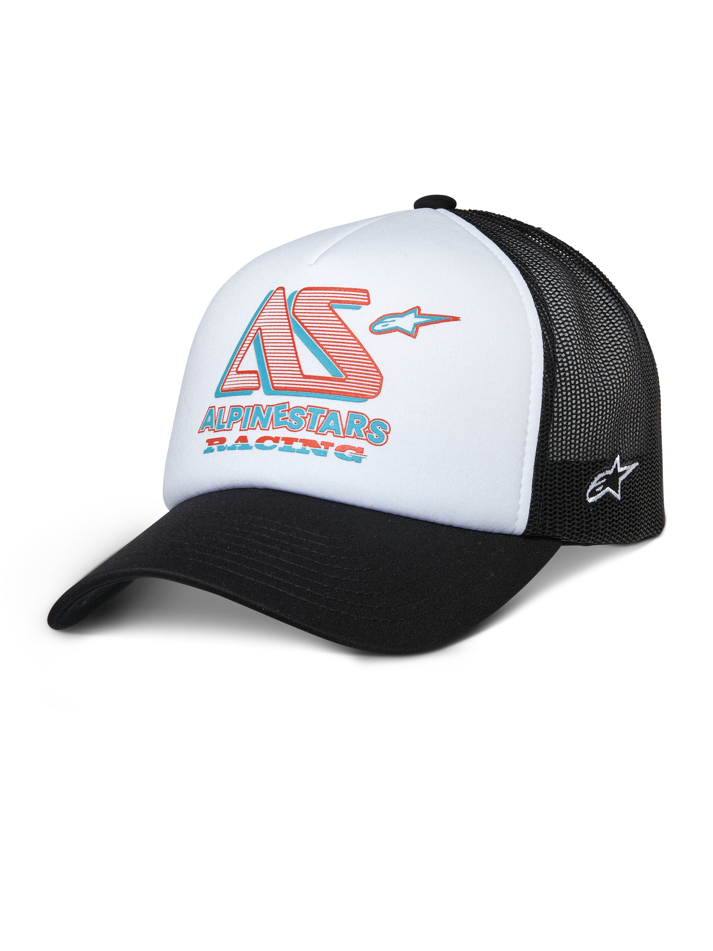 Alpinestars Ayess Trucker Hat, biało-czarna czapka z daszkiem typu trucker z czerwonym i niebieskim logo AS Racing, zakrzywiony daszek, sportowe nakrycie głowy