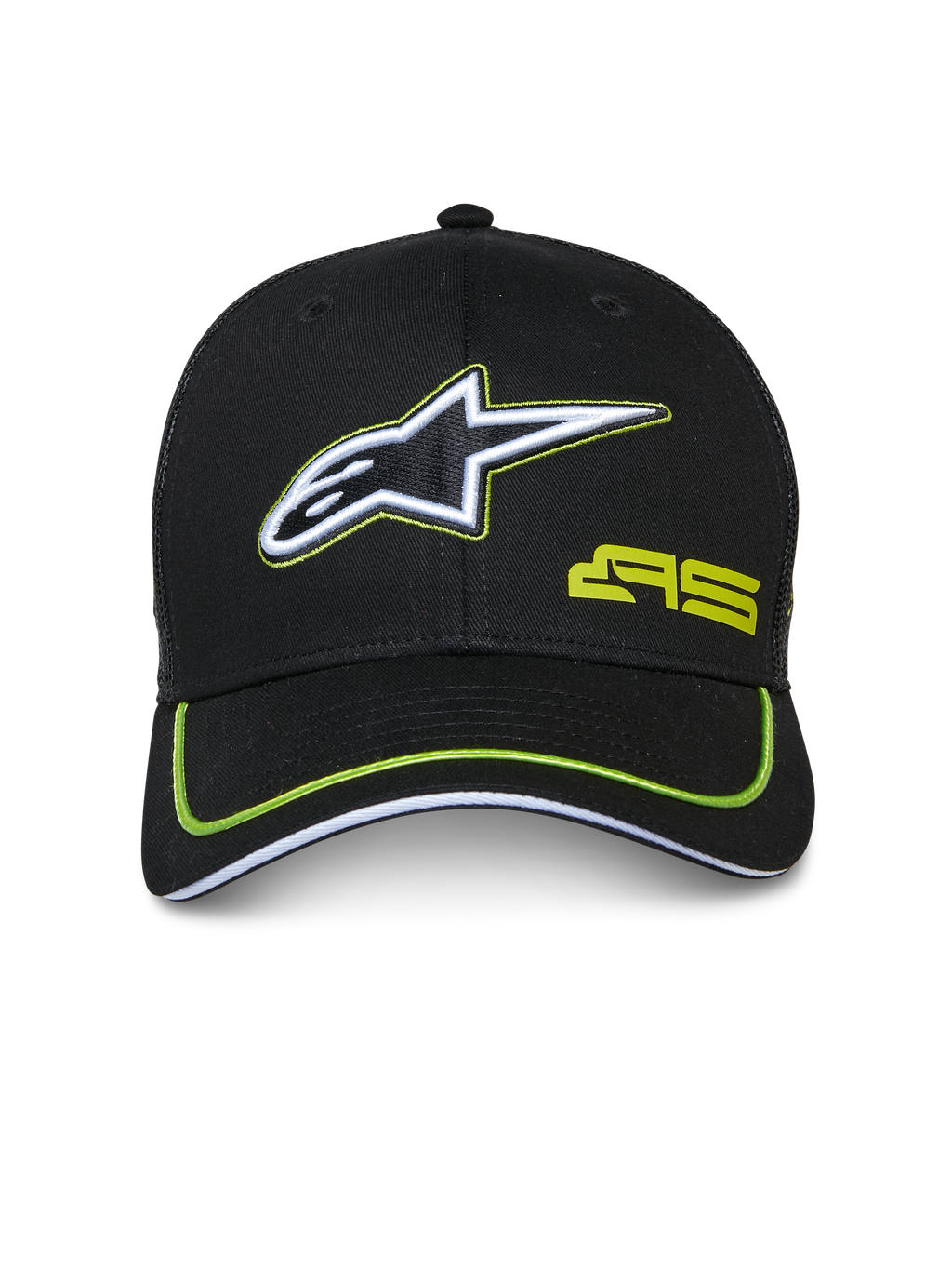 Alpinestars Exceed Trucker Hat, czarna czapka z limonkowymi akcentami, haftowane biało-czarne logo gwiazdy, limonkowe logo AS, zakrzywiony daszek z neonową lamówką, codzienne nakrycie głowy inspirowane motorsportem