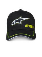 Alpinestars Exceed Trucker Hat, czarna czapka z limonkowymi akcentami, haftowane biało-czarne logo gwiazdy, limonkowe logo AS, zakrzywiony daszek z neonową lamówką, codzienne nakrycie głowy inspirowane motorsportem