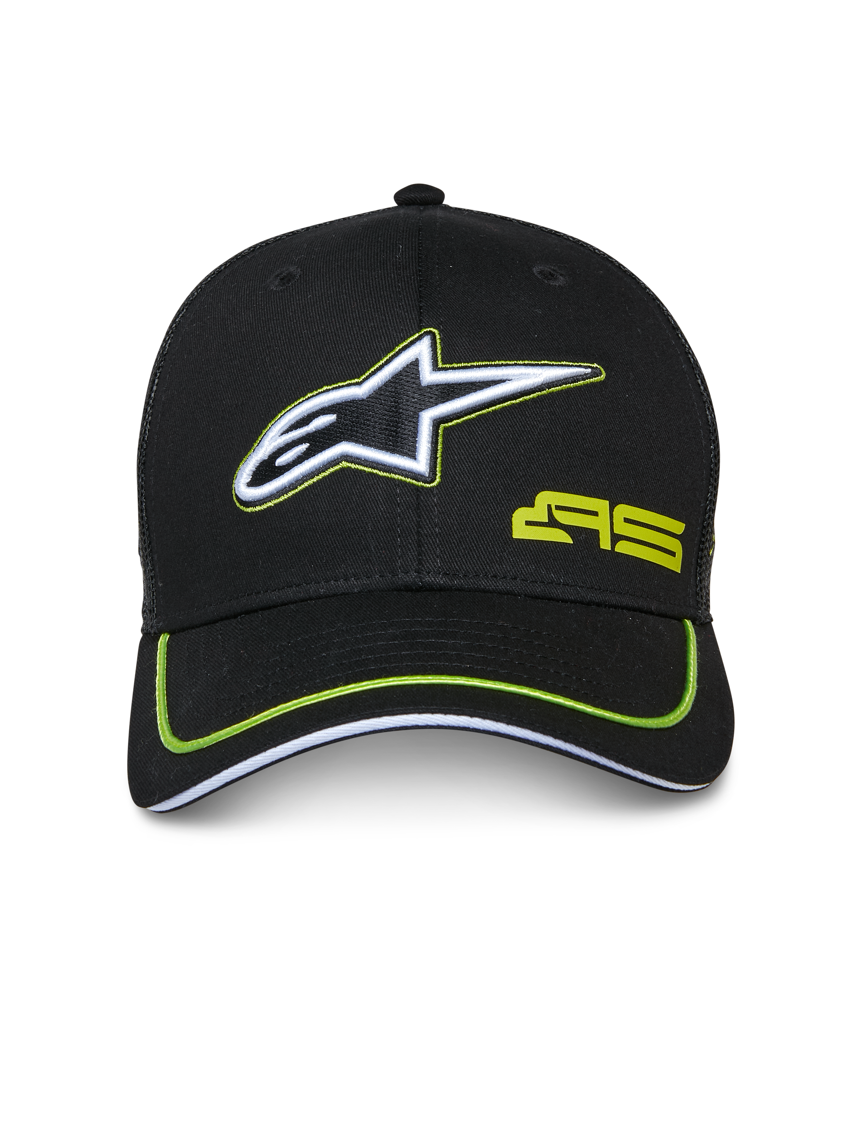 Alpinestars Exceed Trucker Hat, czarna czapka z limonkowymi akcentami, haftowane biało-czarne logo gwiazdy, limonkowe logo AS, zakrzywiony daszek z neonową lamówką, codzienne nakrycie głowy inspirowane motorsportem