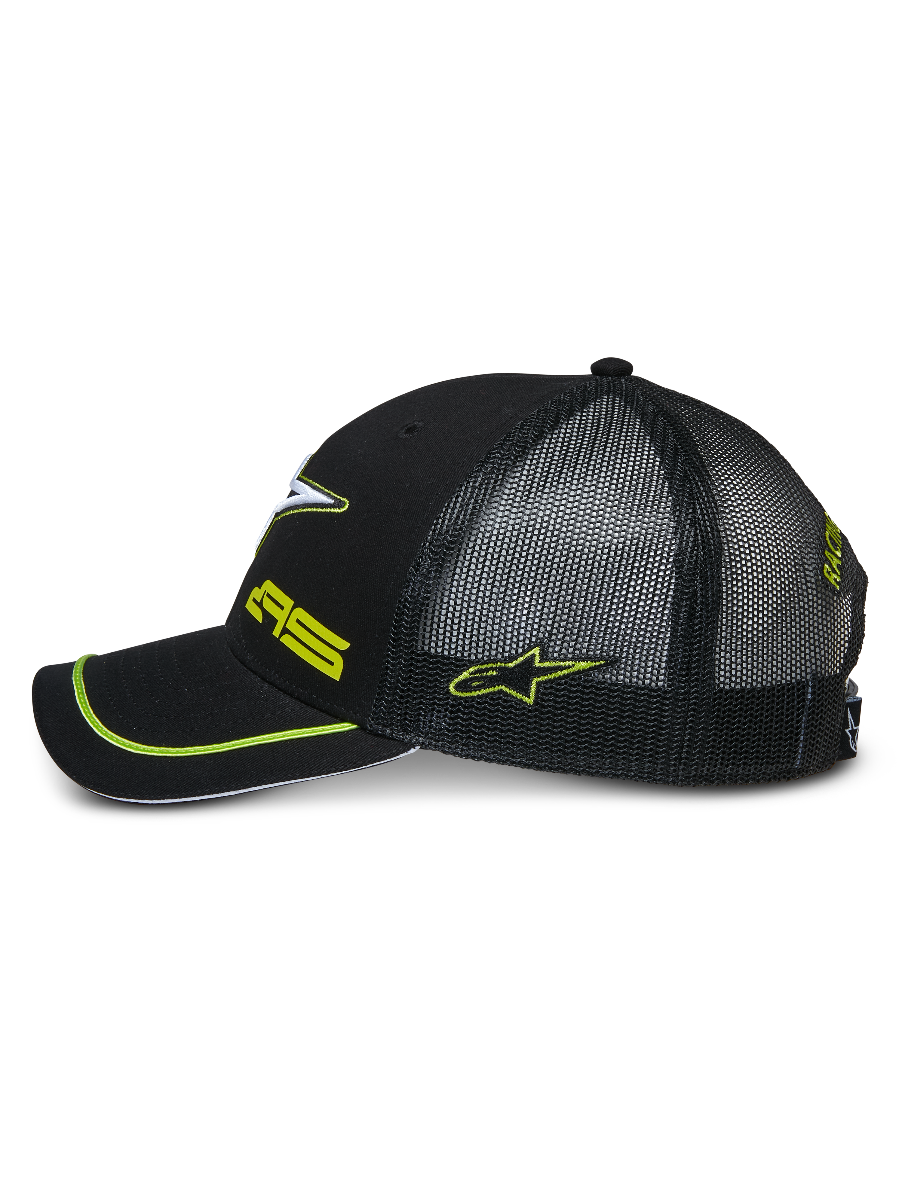 Alpinestars Exceed Trucker Hat, boczny profil czarnej czapki z daszkiem typu snapback, czarna siateczka z tyłu, zakrzywiony daszek z neonowo-zieloną lamówką, neonowo-zielone haftowane logo, codzienne nakrycie głowy w stylu motorsportowym