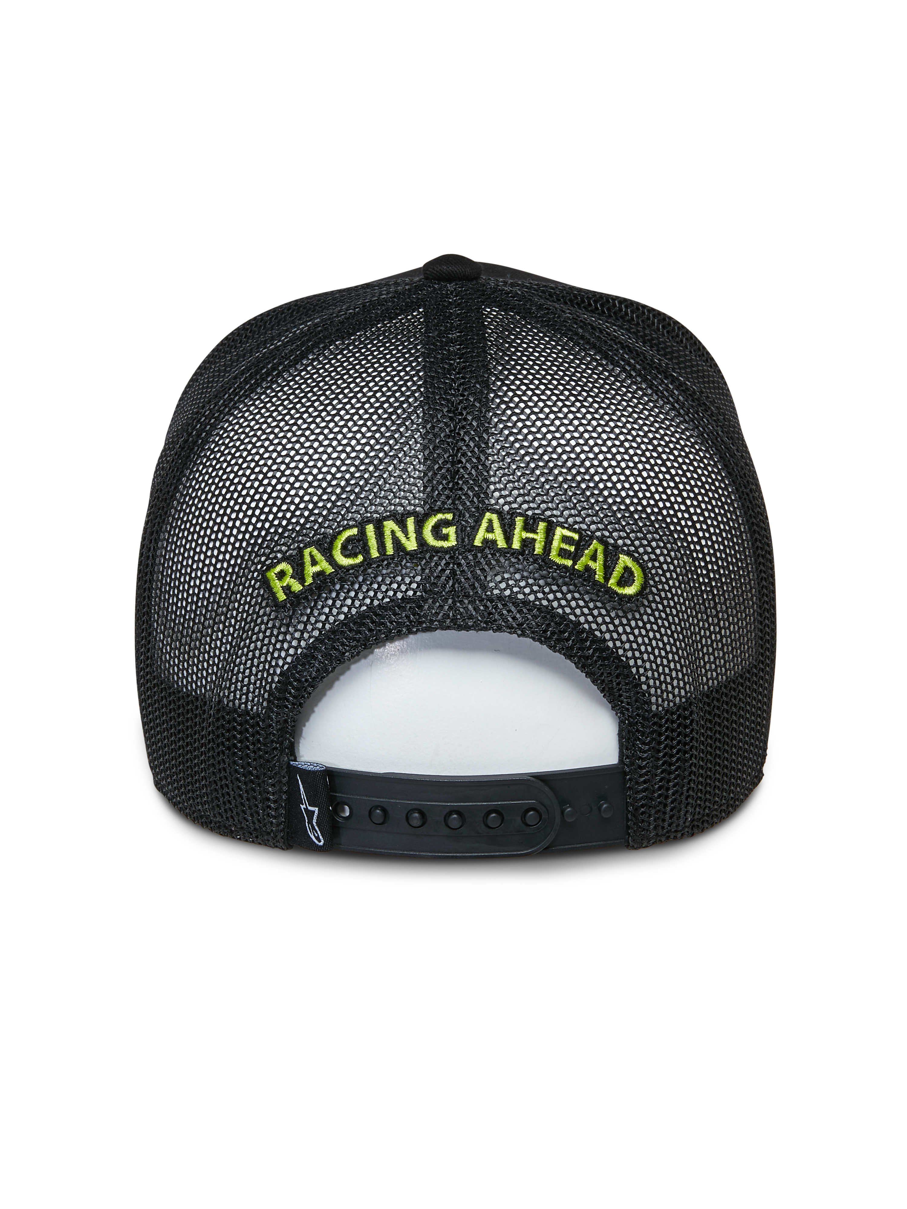 Alpinestars Exceed Trucker Hat, czarna czapka typu trucker, widok z tyłu przedstawiający panele z siateczki i zapięcie snap-back, limonkowy haft „RACING AHEAD”, codzienne nakrycie głowy inspirowane motorsportem