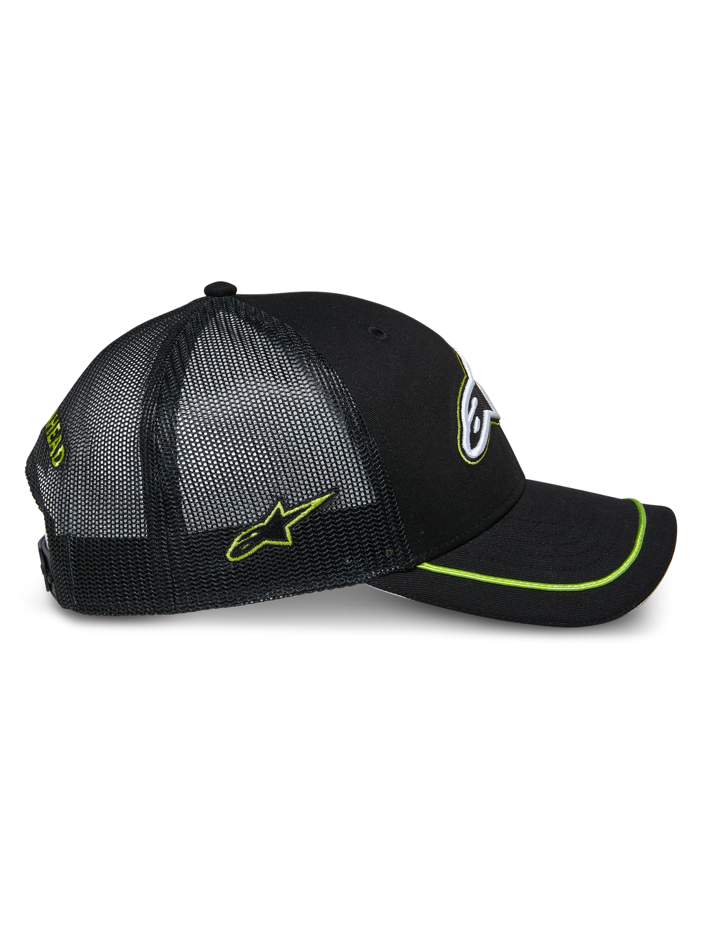 Alpinestars Exceed Trucker Hat, widok z boku, czarna z limonkowymi akcentami, siateczkowe panele z tyłu, zakrzywiony daszek z limonkową taśmą sutache, haftowane logo z boku, codzienne nakrycie głowy w stylu motorsportowym