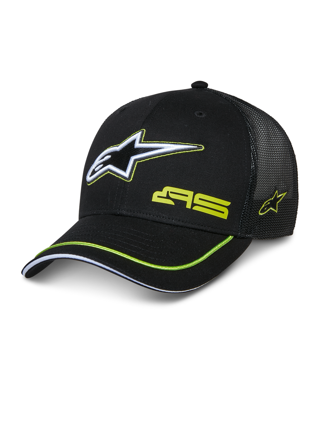 Alpinestars Exceed Trucker Hat, czarna czapka typu trucker, usztywniony przód i siateczkowy tył, duże biało-limonkowe haftowane logo Astars, branding AS na koronie, zakrzywiony daszek z limonkową lamówką, codzienne nakrycie głowy w stylu motorsportowym