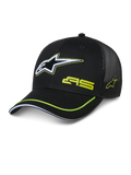 Alpinestars Exceed Trucker Hat, czarna czapka typu trucker, usztywniony przód i siateczkowy tył, duże biało-limonkowe haftowane logo Astars, branding AS na koronie, zakrzywiony daszek z limonkową lamówką, codzienne nakrycie głowy w stylu motorsportowym