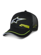 Alpinestars Exceed Trucker Hat, czarna czapka typu trucker, usztywniony przód i siateczkowy tył, duże biało-limonkowe haftowane logo Astars, branding AS na koronie, zakrzywiony daszek z limonkową lamówką, codzienne nakrycie głowy w stylu motorsportowym