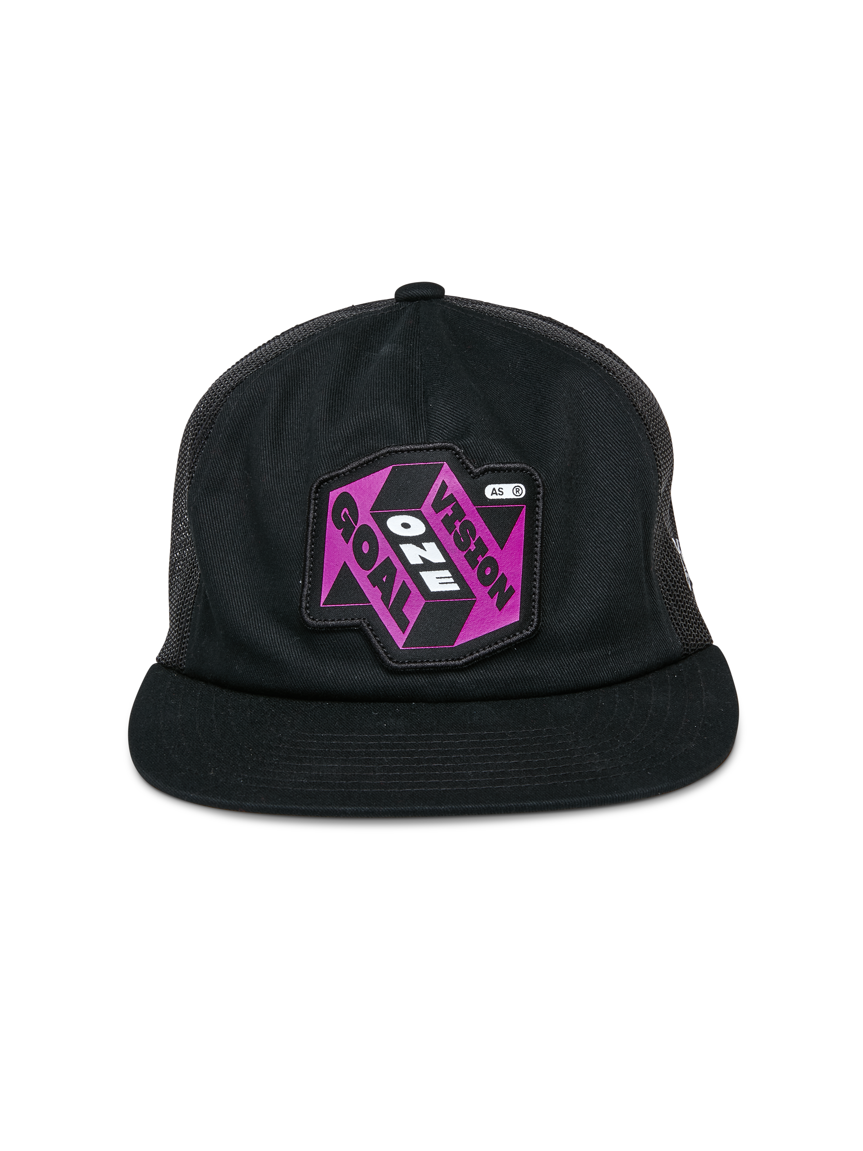 Alpinestars That Way Trucker Hat, czarna czapka typu trucker, fioletowo-czarna naszywka graficzna z napisem „One Vision One Goal”, płaski daszek, usztywniona korona i siateczkowe panele z tyłu, codzienne nakrycie głowy inspirowane sportami motorowymi