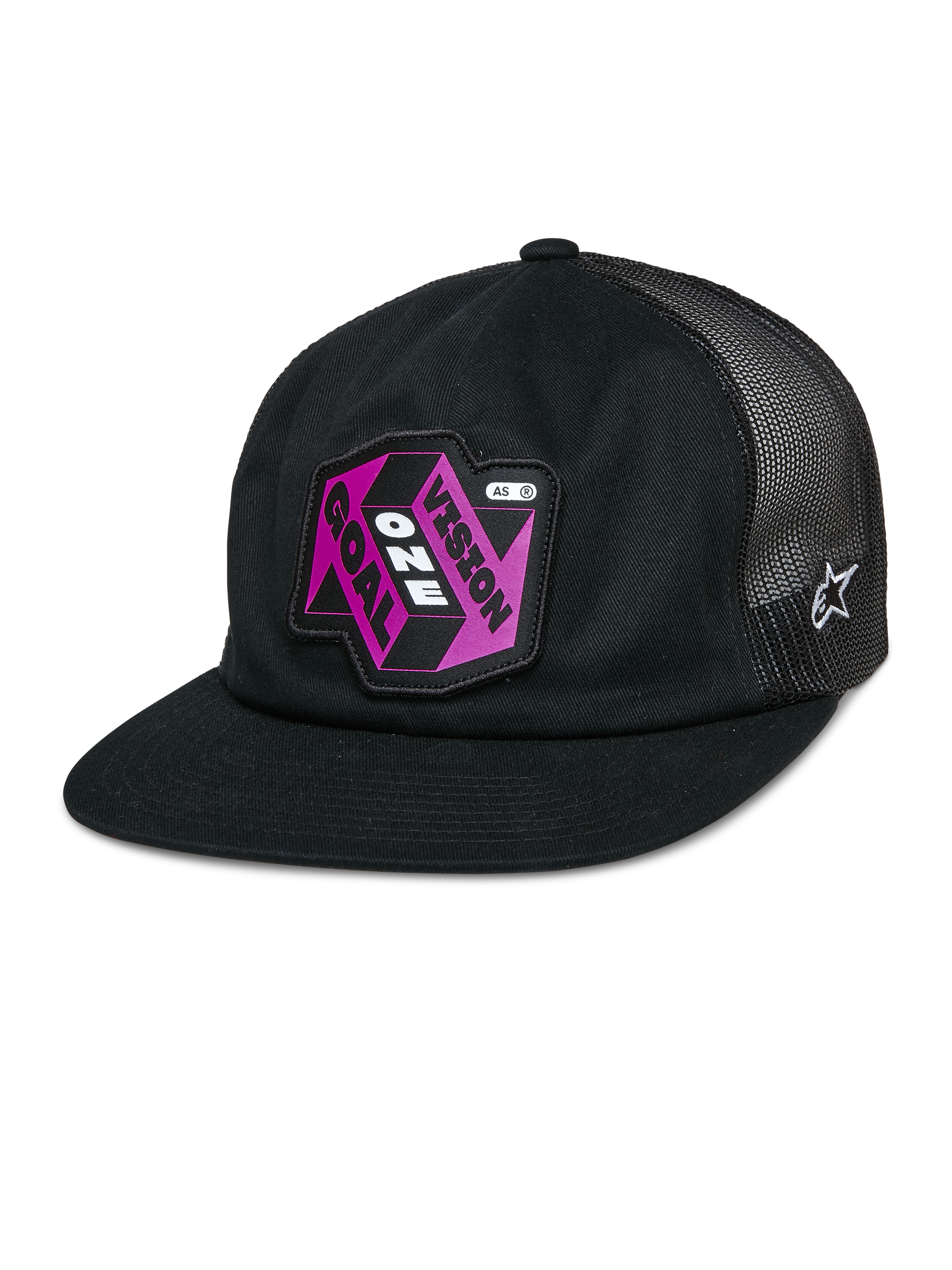 Alpinestars That Way Trucker Hat, czarna czapka snapback z siateczkowym tyłem, płaski daszek, różowo-fioletowa naszywka „Vision One Goal”, białe logo gwiazdy Alpinestars, sportowa odzież casualowa