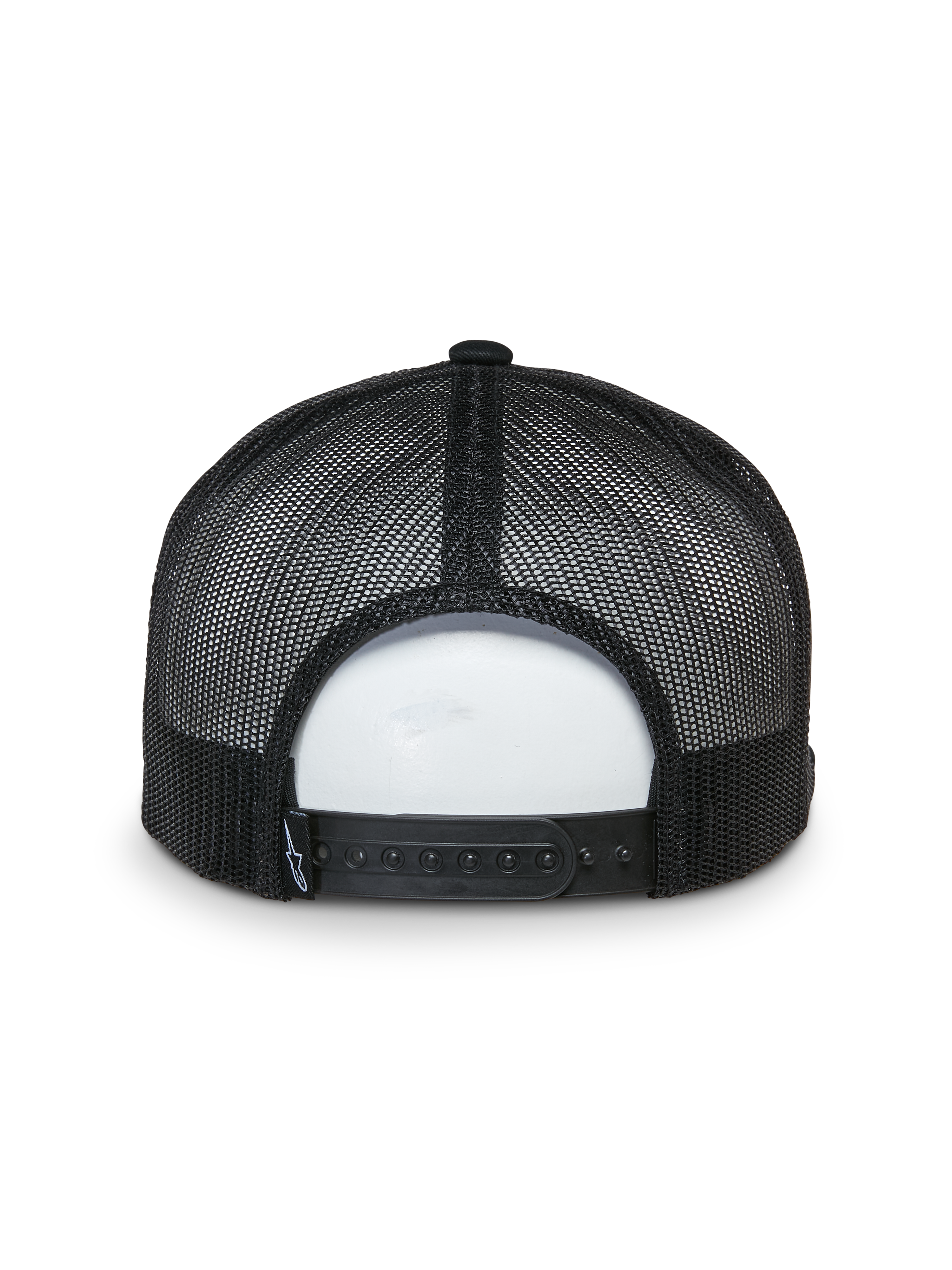 Alpinestars That Way Trucker Hat, widok z tyłu, czarna, siateczkowe panele tylne z regulowanym zapięciem snapback, mała tkana metka z logo, codzienne nakrycie głowy inspirowane motorsportem