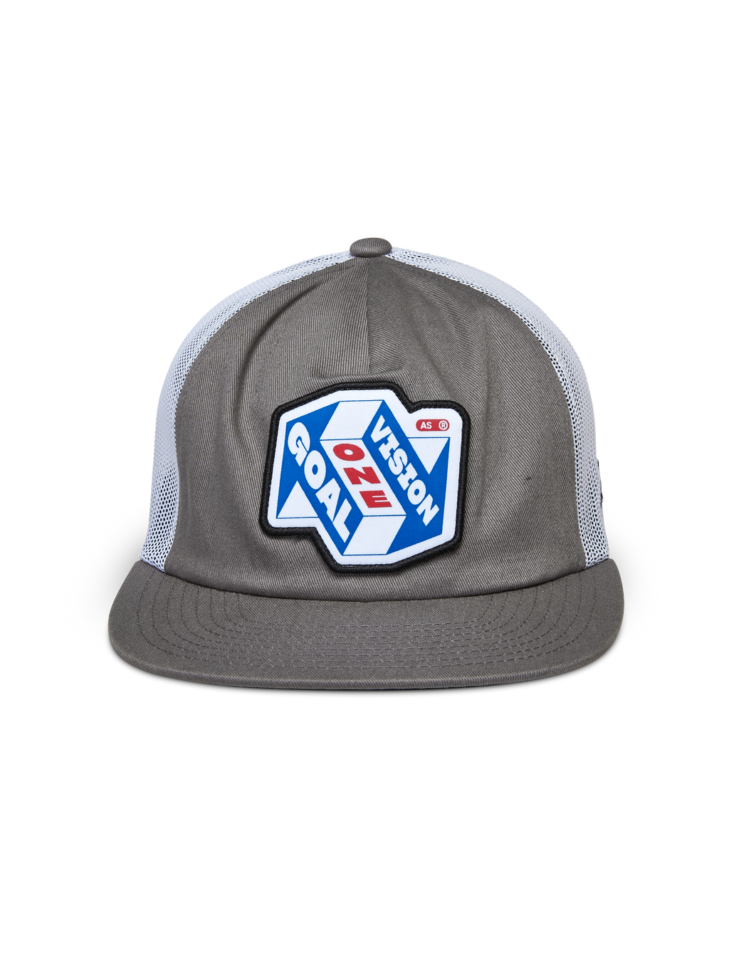Alpinestars That Way Trucker Hat, szaro-biała czapka trucker, strukturalna korona z płaskim daszkiem i białą siateczką z tyłu, duża naszywka z przodu z grafiką „One Goal One Vision”, casualowy motorsportowy streetwear