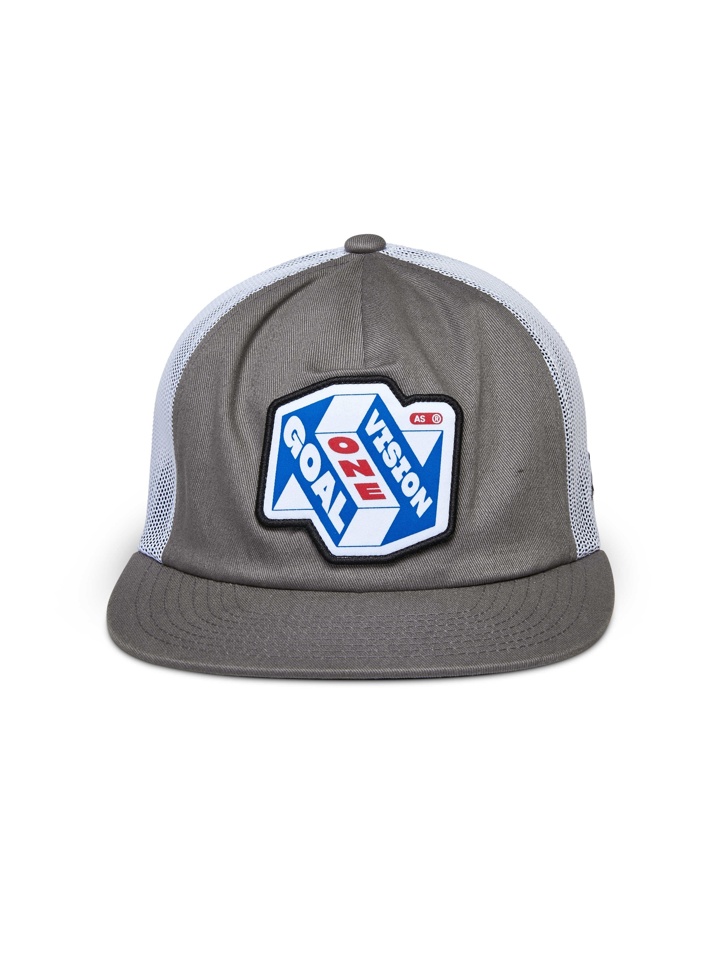 Alpinestars That Way Trucker Hat, szaro-biała czapka trucker, strukturalna korona z płaskim daszkiem i białą siateczką z tyłu, duża naszywka z przodu z grafiką „One Goal One Vision”, casualowy motorsportowy streetwear