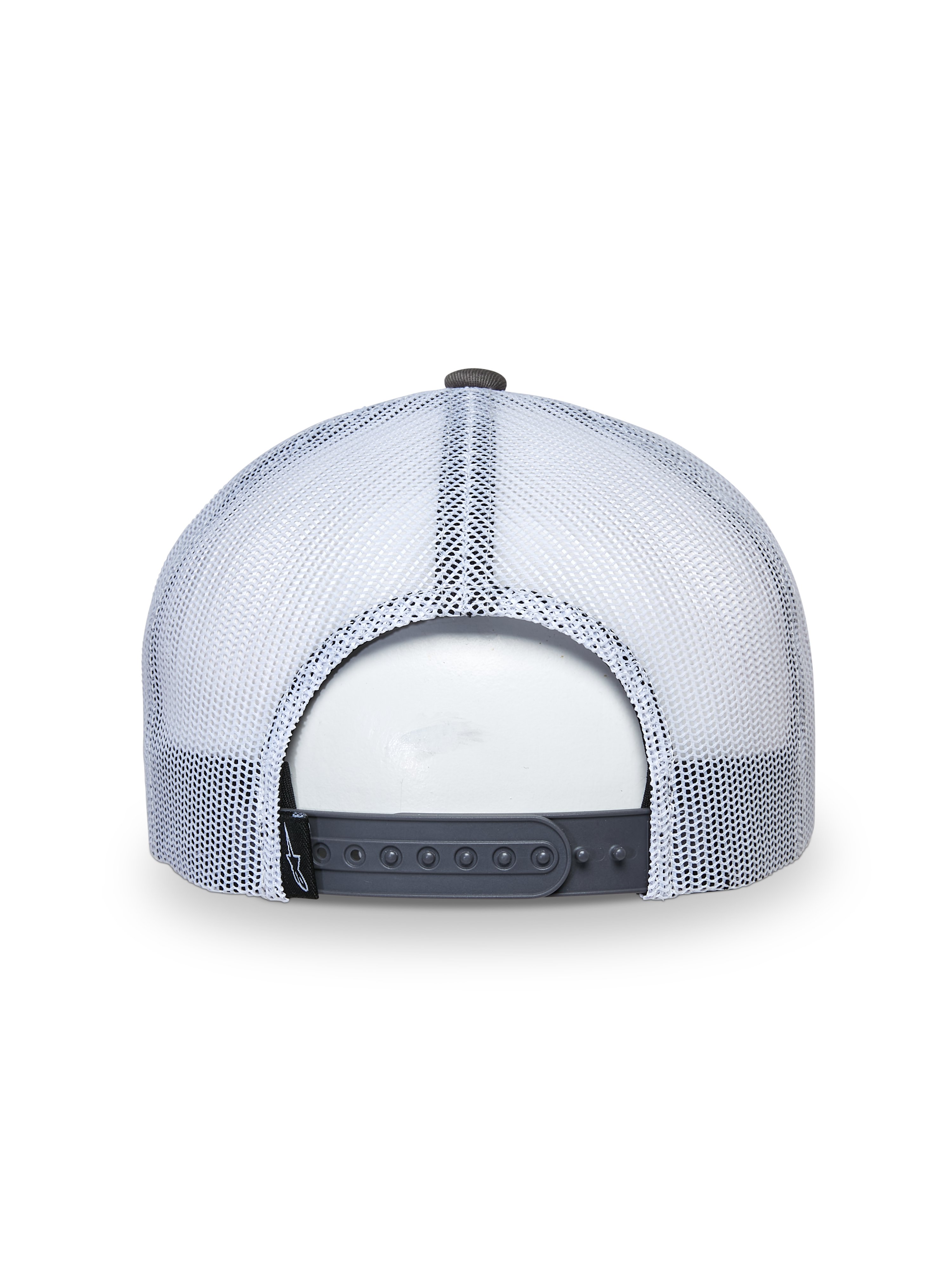 Alpinestars That Way Trucker Hat, czapka typu trucker, szaro-biała, widok z tyłu prezentujący białe panele z siatki i szare zapięcie snapback, regulowane dopasowanie, sportowe nakrycie głowy