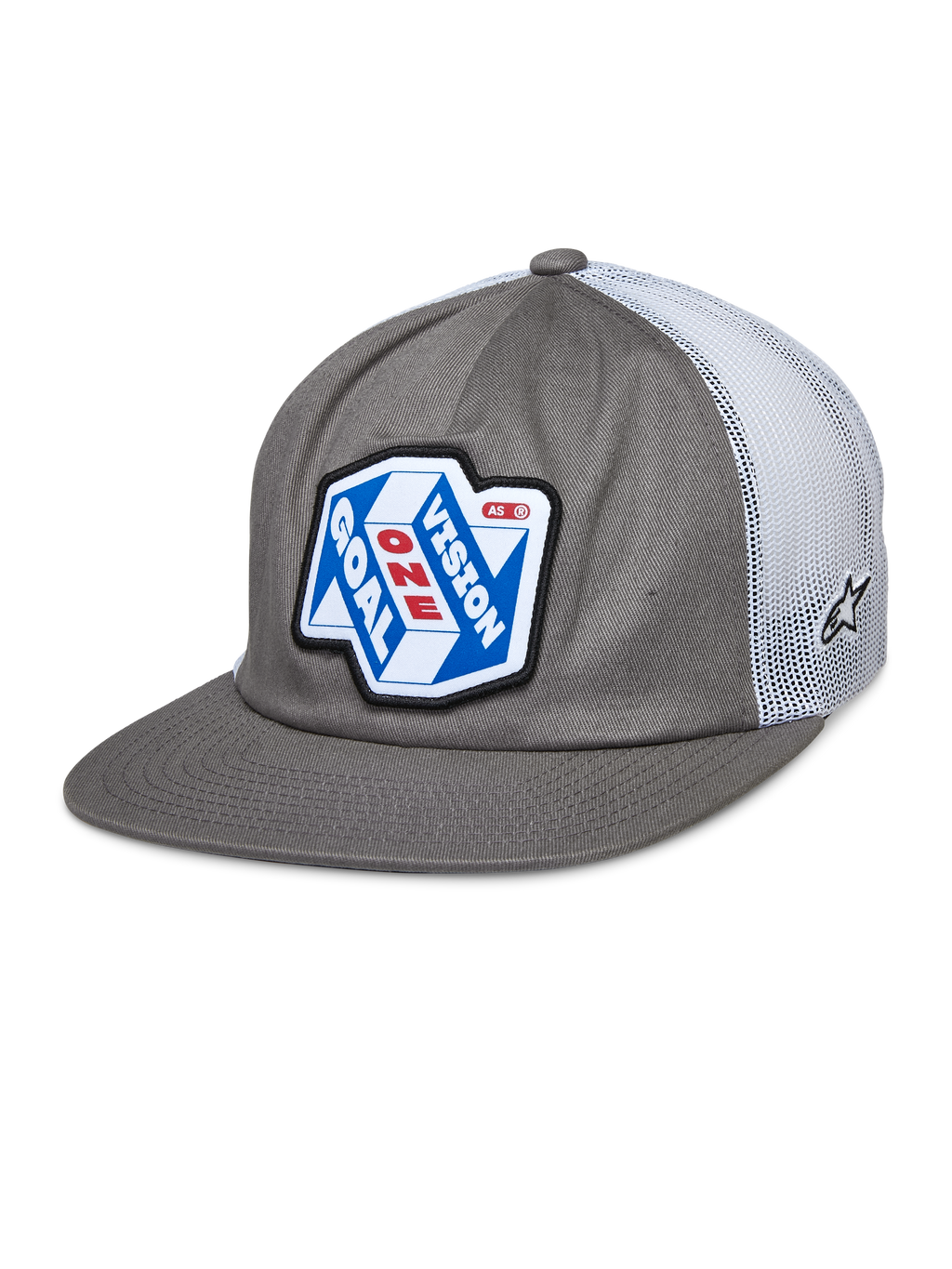 Alpinestars That Way Trucker Hat, szaro-biała czapka snapback z siateczkowym tyłem, niebiesko-biała naszywka graficzna z napisem „ONE GOAL VISION” w kolorze czerwono-białym, płaski daszek, małe logo gwiazdy na siateczce, casualowy styl motorsportowy