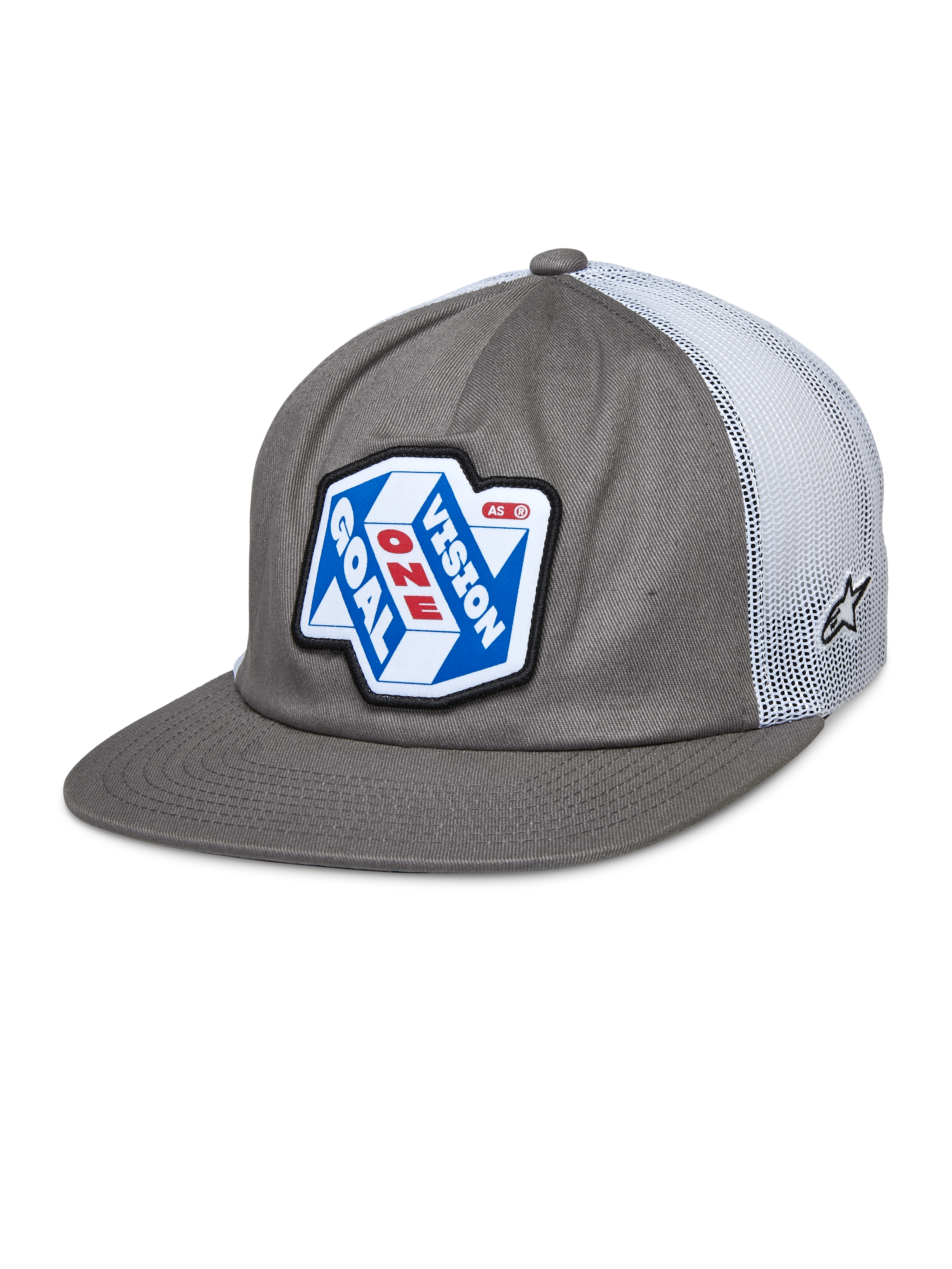 Alpinestars That Way Trucker Hat, szaro-biała czapka snapback z siateczkowym tyłem, niebiesko-biała naszywka graficzna z napisem „ONE GOAL VISION” w kolorze czerwono-białym, płaski daszek, małe logo gwiazdy na siateczce, casualowy styl motorsportowy