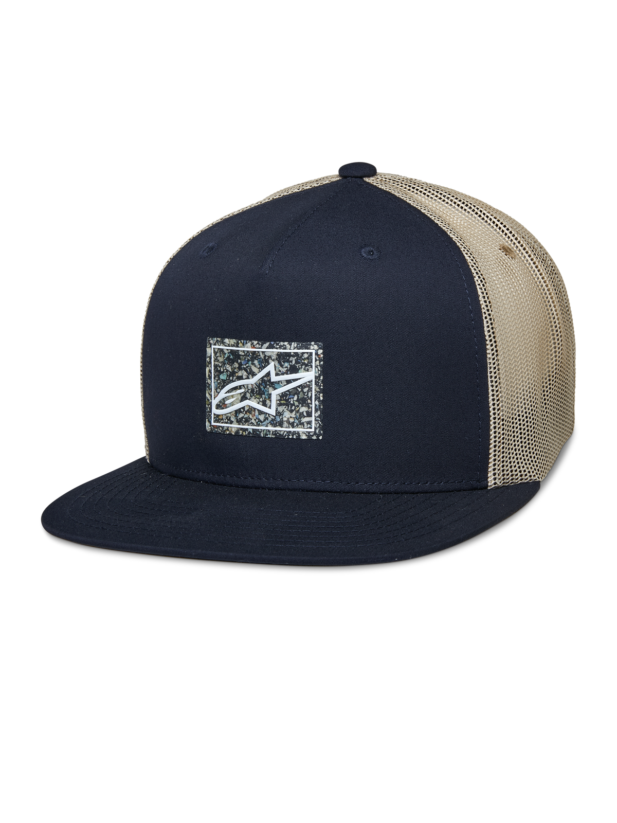 Alpinestars Mackinic Trucker Hat, Flat Bill Snapback Cap, Navy Blue and Khaki Mesh, features a square front logo patch with a speckled background, casual lifestyle headwear