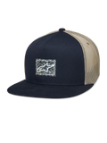Alpinestars Mackinic Trucker Hat, Flat Bill Snapback Cap, Navy Blue and Khaki Mesh, features a square front logo patch with a speckled background, casual lifestyle headwear